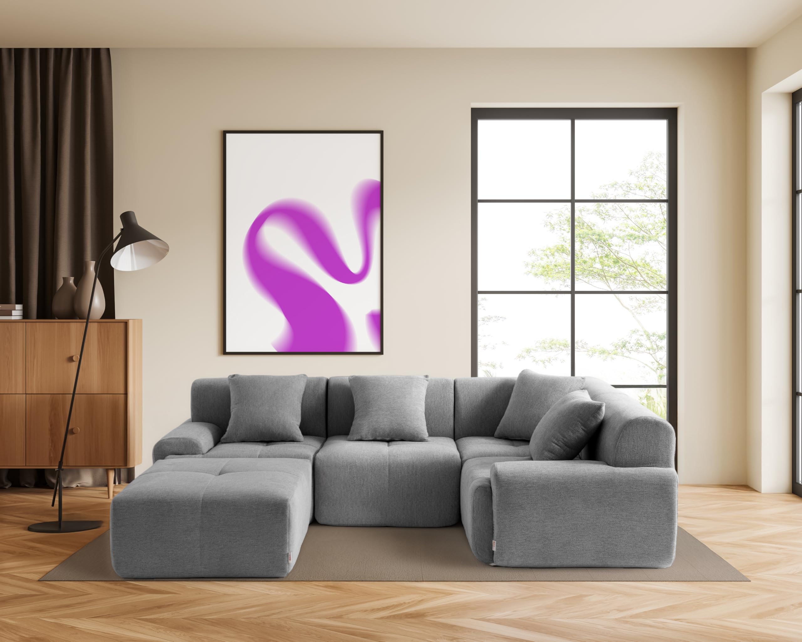 Sofá esquinero Modular de 4 plazas con Chaise Longue, tapizado en Chenilla, Fundas de Cojines desenfundables (Gris Mineral, 4 plazas con Chaise Longue)