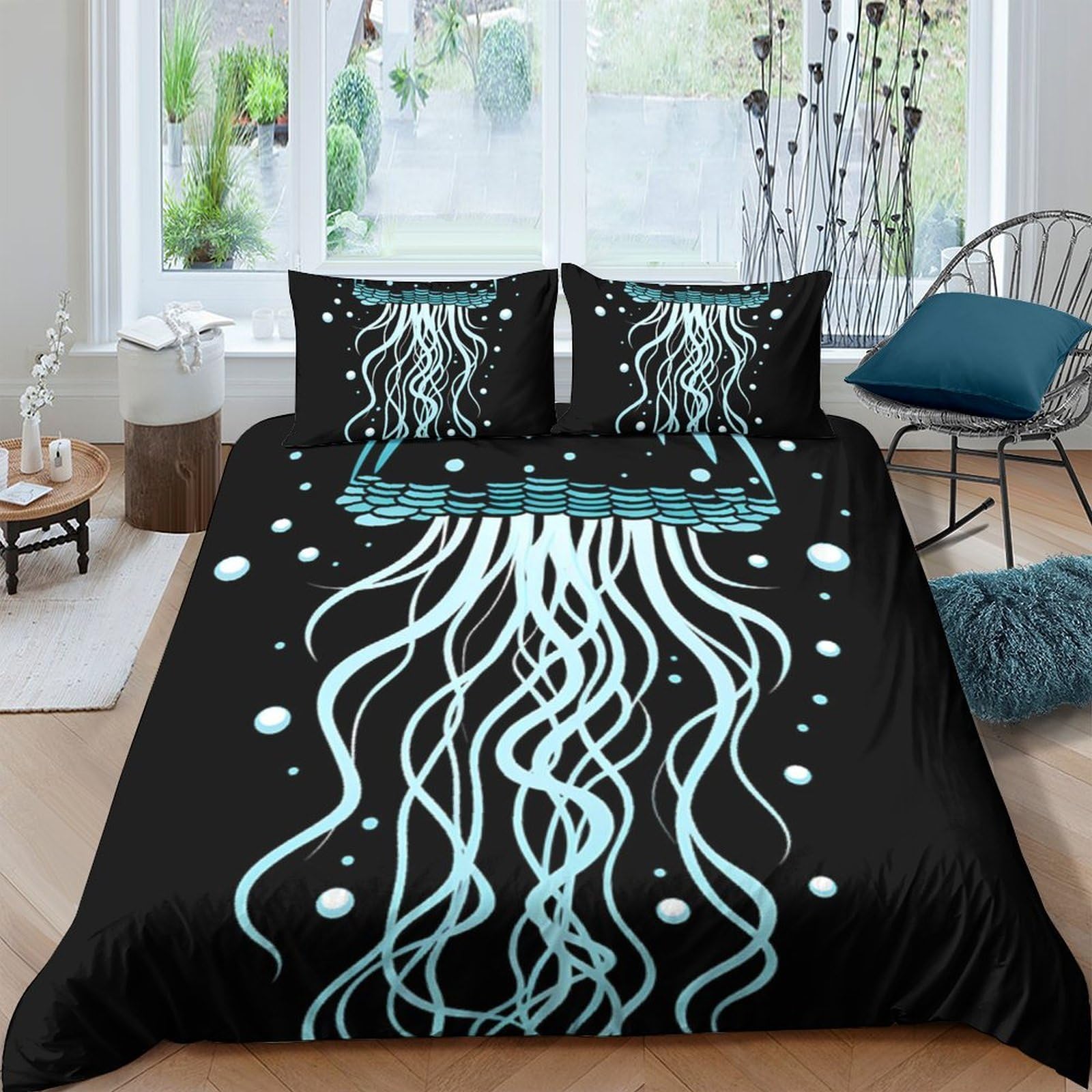 Ctjqhvkz Style-6 3D Printed Jellyfish Fitted Sheet Microfiber Soft Black Ocean Mattress Cover Decor Bedroom Guest Room Single（135X200cm）