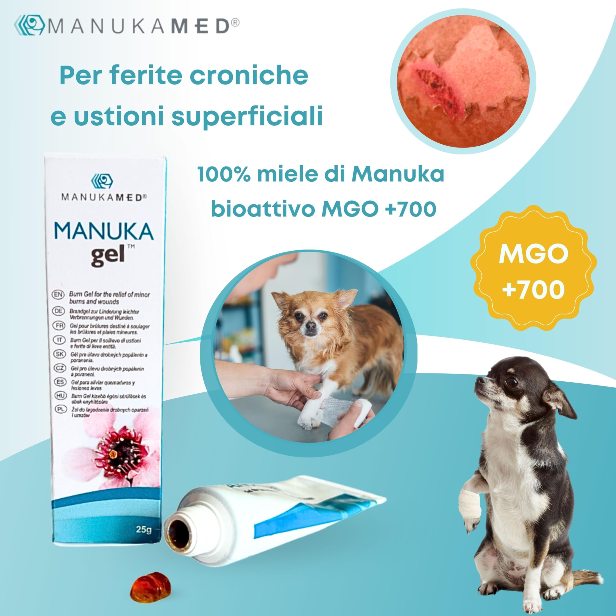 ManukaMed MANUKAgel Gel antibatterico, unguento per ferite per cani, gatti, cavalli, miele di Manuka 100% bioattivo MGO 560+/25 g