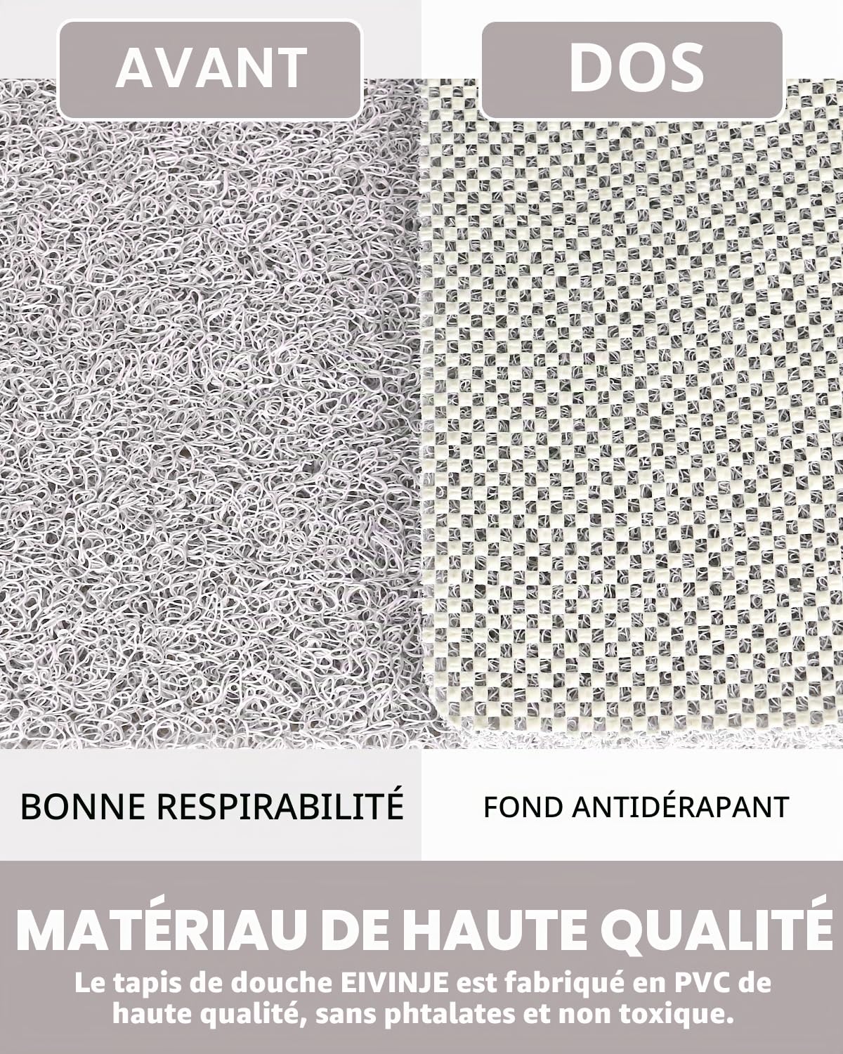 Tapis de douche antidérapant 80 x 100 cm – Tapis de bain de sécurité extra large avec trous de drainage, doux et confortable, en PVC Luffa Massage antidérapant pour douche, séchage rapide