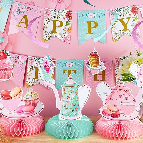 Miniatura 4 de Decoraciones florales de cumpleaños para fiesta de té, suministros de té para dos fiestas para niñas pequeñas, guirnalda colgante de flores de