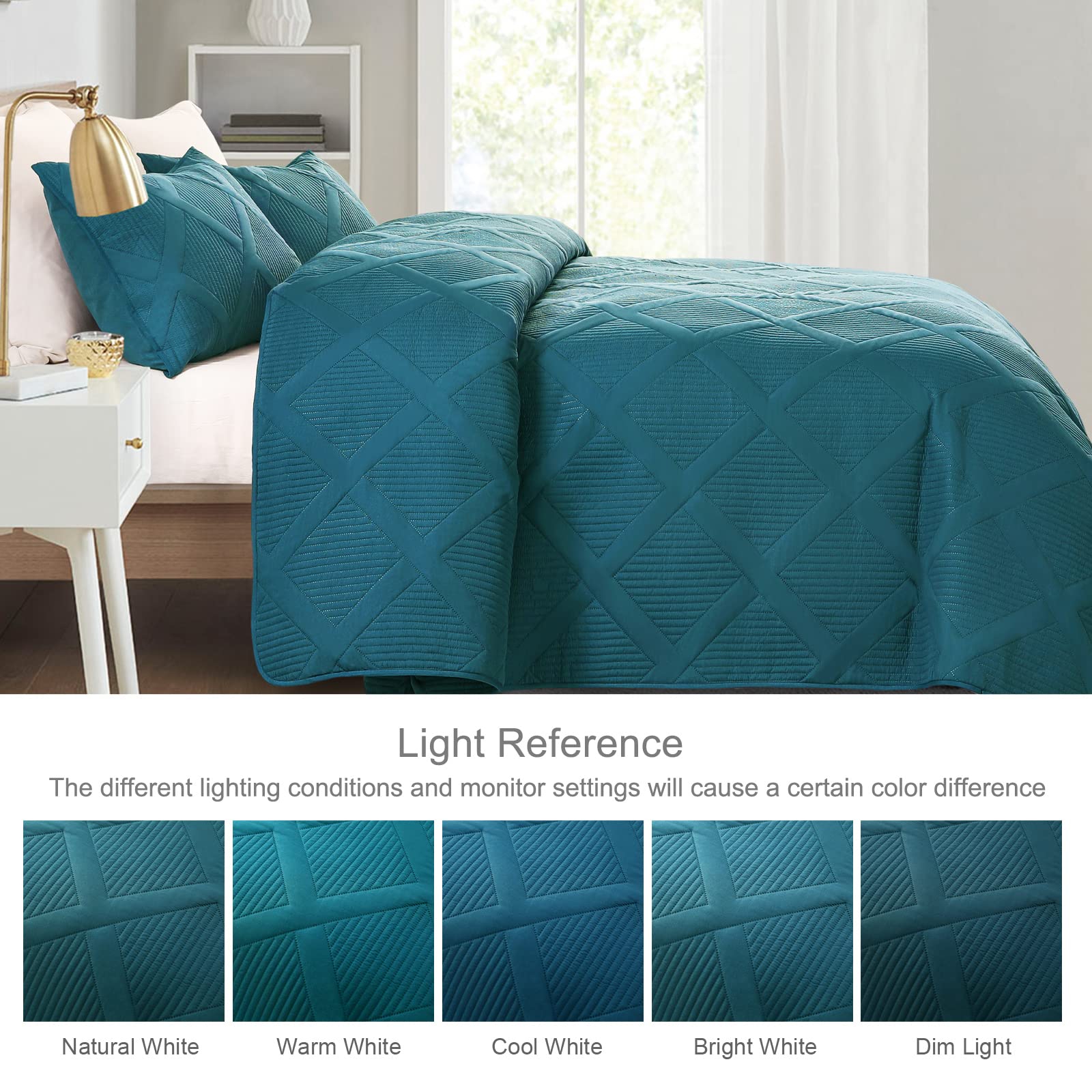 Exclusivo Mezcla Ultrasonic Quilt Set King Size, 3 Pieces Teal King Quilt (104"x96") with 2 Pillow Shams, Lightweight Bedspreads Modern Striped Coverlet Set for All Seasons
