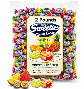 Bonart Sweeties Tropical Fruit Assorted Chewy Candy, Individually Wrapped, Made With Real Fruit Juice 2 Pounds