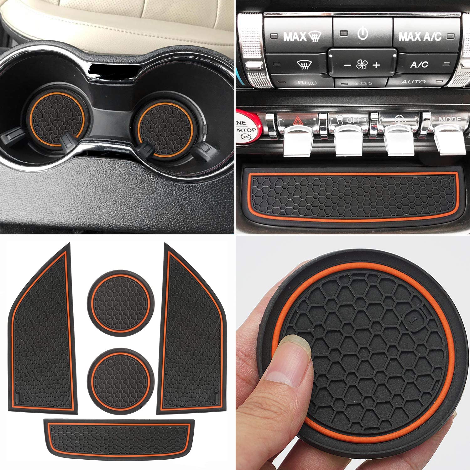 AupriteNon-Slip Mats for Mustang Accessories 2015-2023, Custom Fits Cup Holder Liners Mats Door Pocket Center Console Liners,5Pcs (Orange)