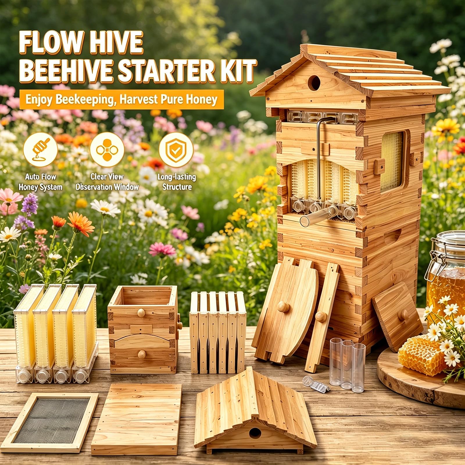 Kit Completo de Colmena de Abejas autofluyente, Modelo Mejorado, Incluye 4 Marcos y 6 bandejas de Panal. para Principiantes en Apicultura doméstica, con Ventana de observación