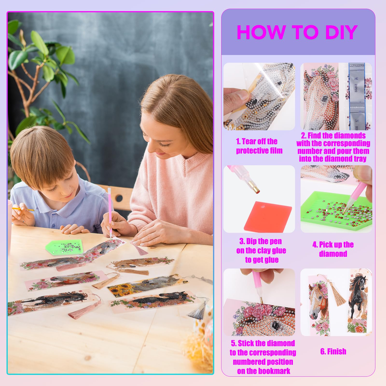 8 Diamond Painting Lesezeichen Für Kinder - Pferde Design Bastelset Ab 6 Jahren