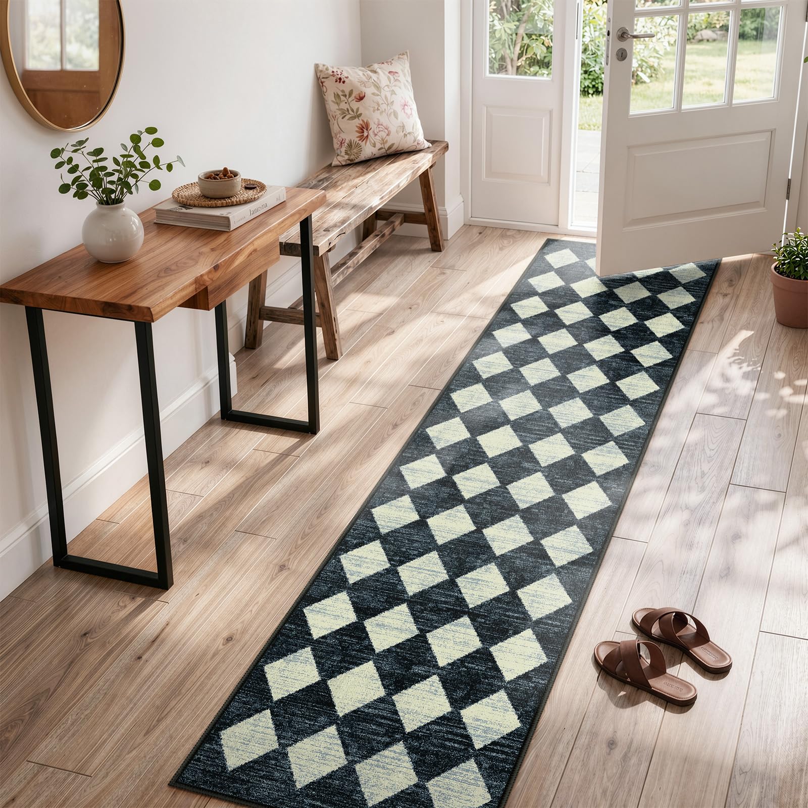 Lahome Alfombra de Pasillo marroquí de 2 x 8 pies, Color Negro, con Respaldo de Goma, Antideslizante, Lavable, para Interiores, para cámper, Entrada, baño, Suelo de Madera Dura