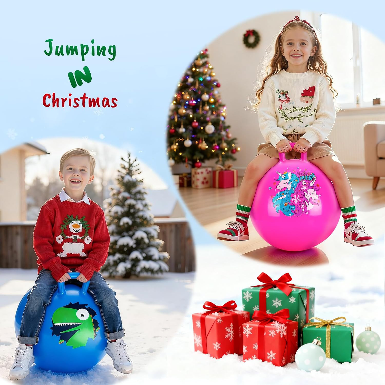 ZOOJOY Hopper Ball 2 Pack, 18 in Bouncy Ball with Handle for Kids, Unicorn & Dinosaur Girls Boys Toys with Pump, Indoor Outdoor Best Gifts for 3 4 5 6 7 8 Yr Old Active Play Toys