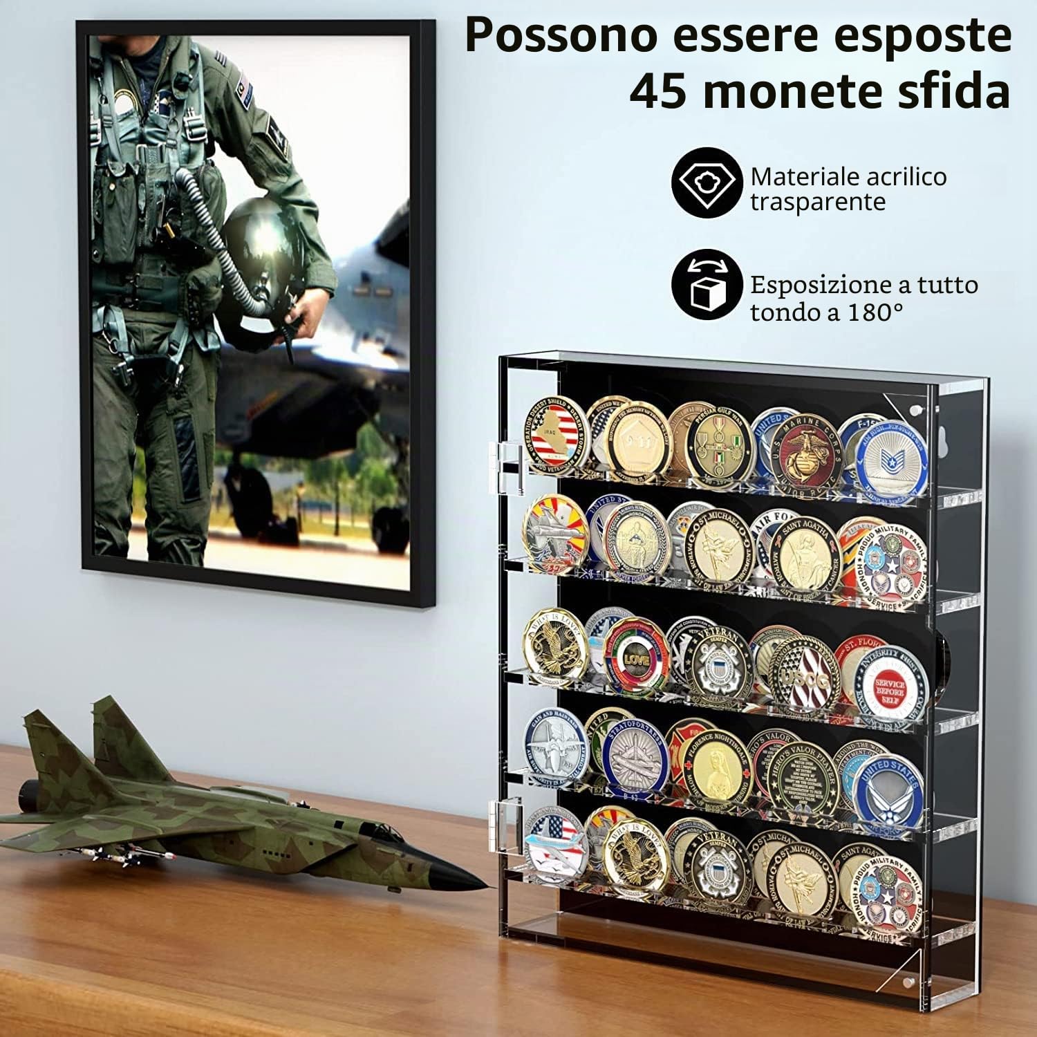 Espositore Monete,Armadietto da Collezione per Monete Commemorative Con Ripiani Rimovibili E Magnetici,Vetrinetta Espositiva Per 45 Medaglie Militari Poker Chip Monete