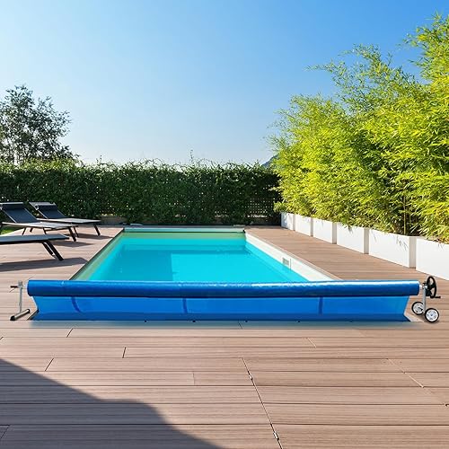 Miniatura 8 de Goplus Juego de carrete de cubierta de piscina de 18 pies, carrete de cubierta solar de aluminio ajustable con manivela y ruedas, cubierta solar