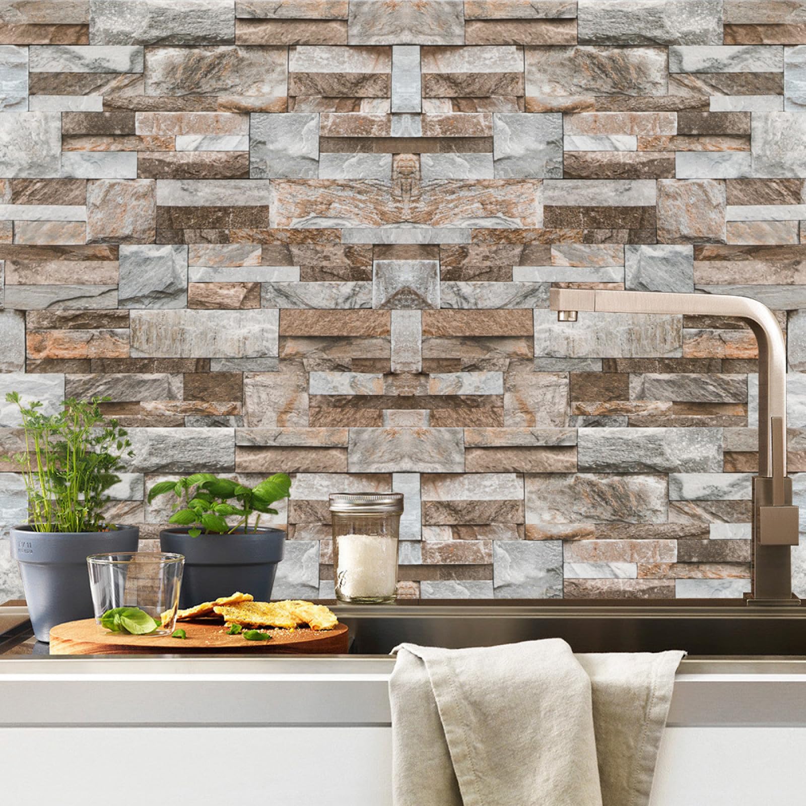 Piastrelle Adesive Cucina Mattone Di Pietra Marrone Chiaro Pavimento pvc Adesivo Mobili Decorazioni Piastrelle Adesive Bagno Impermeabile Resistenza all'olio Mattonelle Adesive