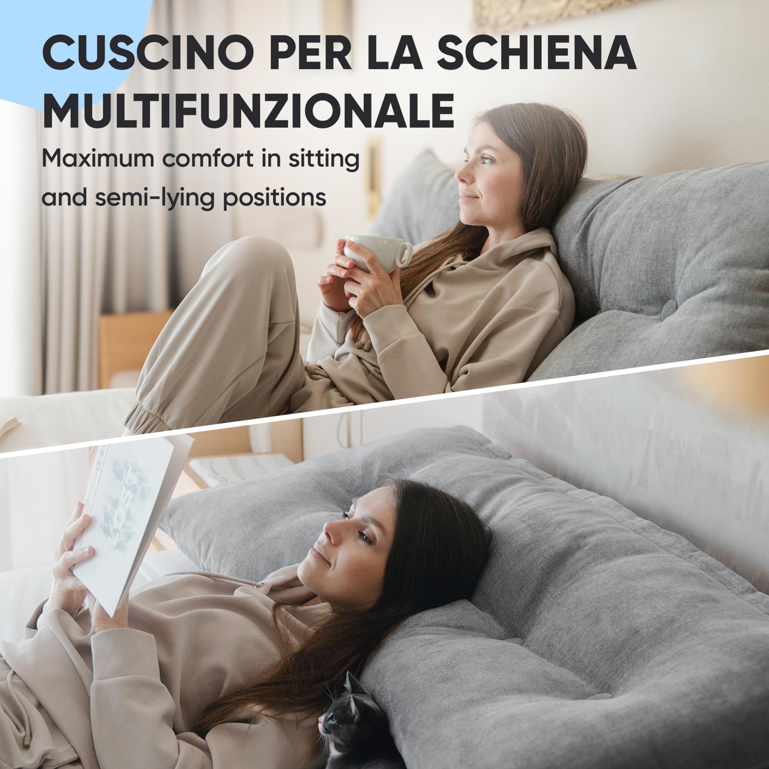Björn&Schiller cuscino schienale - cuscino da lettura per letto e divano, cuscino grande per la testata del letto, con fodera lavabile (Grigio, 160 cm)