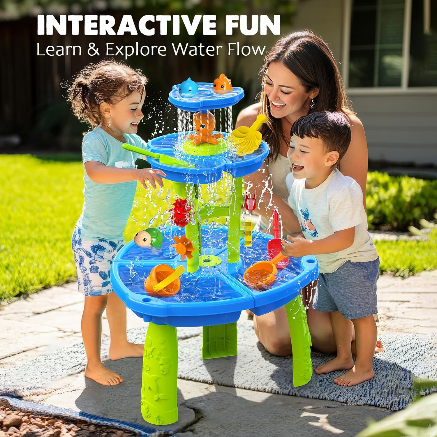 CozyBomB Tavolo da gioco d'acqua e sabbia per bambini, da esterno, a 3 piani, con ruota d'acqua, irrigatore e gioco di pesca, giocattolo d'acqua per bambini da esterno dai 3, 4, 5 anni, set completo