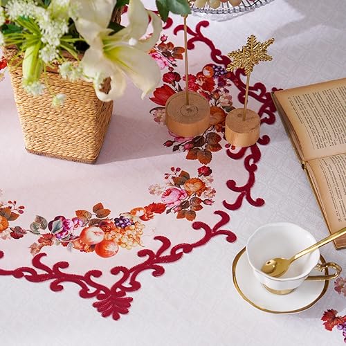 Miniatura 4 de ARTABLE Mantel redondo de encaje rústico macramé bordado para cosecha, decoración de aparador, casa de campo, cocina y hogar (borgoña, 70 pulgadas,