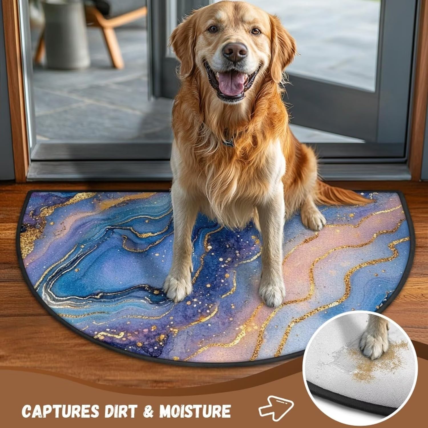 Half Round Door Mat, Blue Gold Marble Crack Print Non Slip Absorbent Entrance Doormat, Welcome Mat for Front Door for Home Kitchen Garage Patio