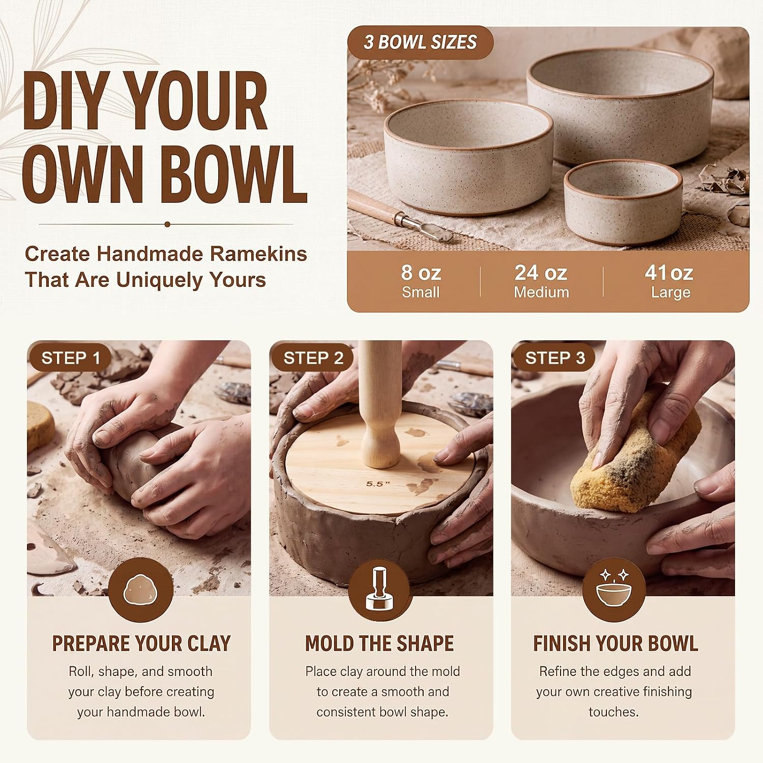 Juexica 3 Pack Pottery Bowl Molds, 3 Size 8/24/41oz Ramekin Plaster Molds