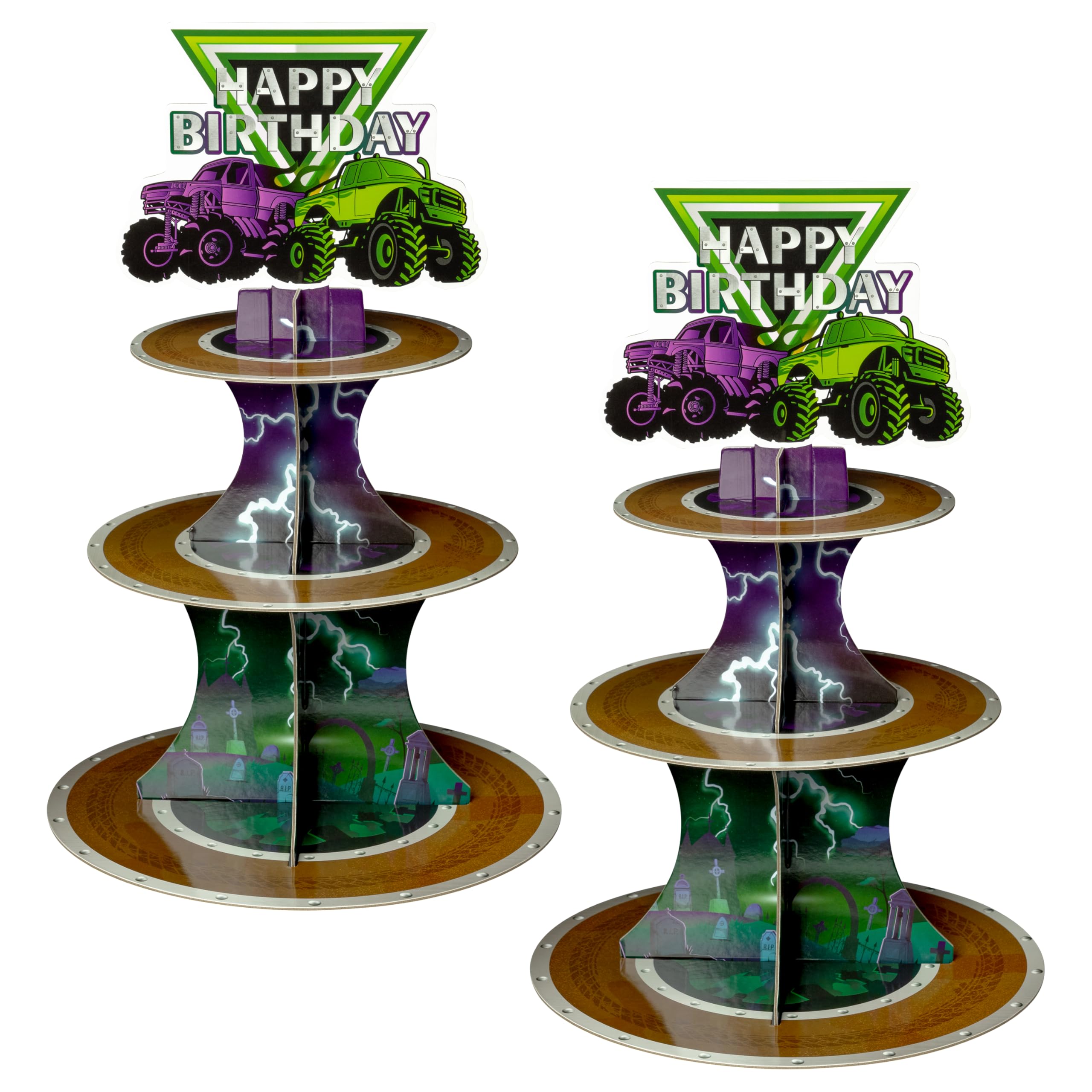 Haooryx Monster Truck Cupcake Stands - 2Pcs 3-Tier Green Purple Monster Truck Cupcake Dessert Table Display Tower Cardboard Cake Holder Serving Tray