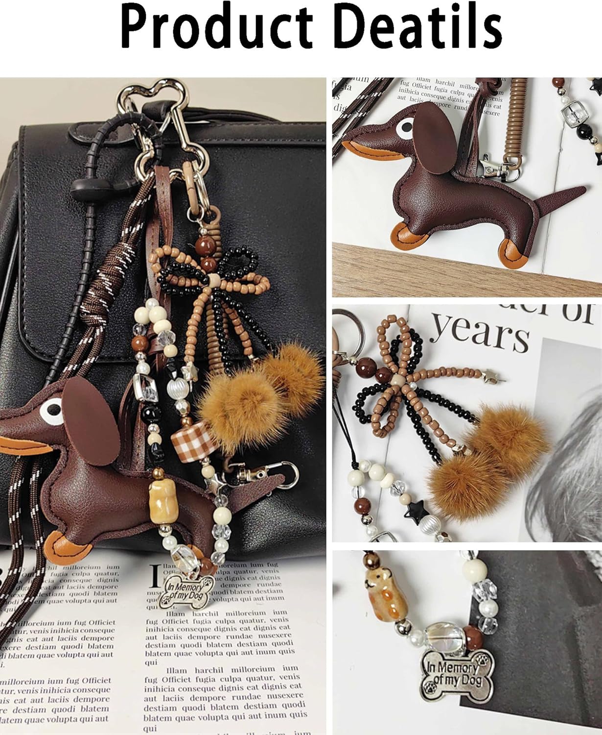 Leather Bag Charms Designer Dachshund Purse Charm Bow Camera Rope Keychains Y2k Backpack Handbag Accessories - Image 2