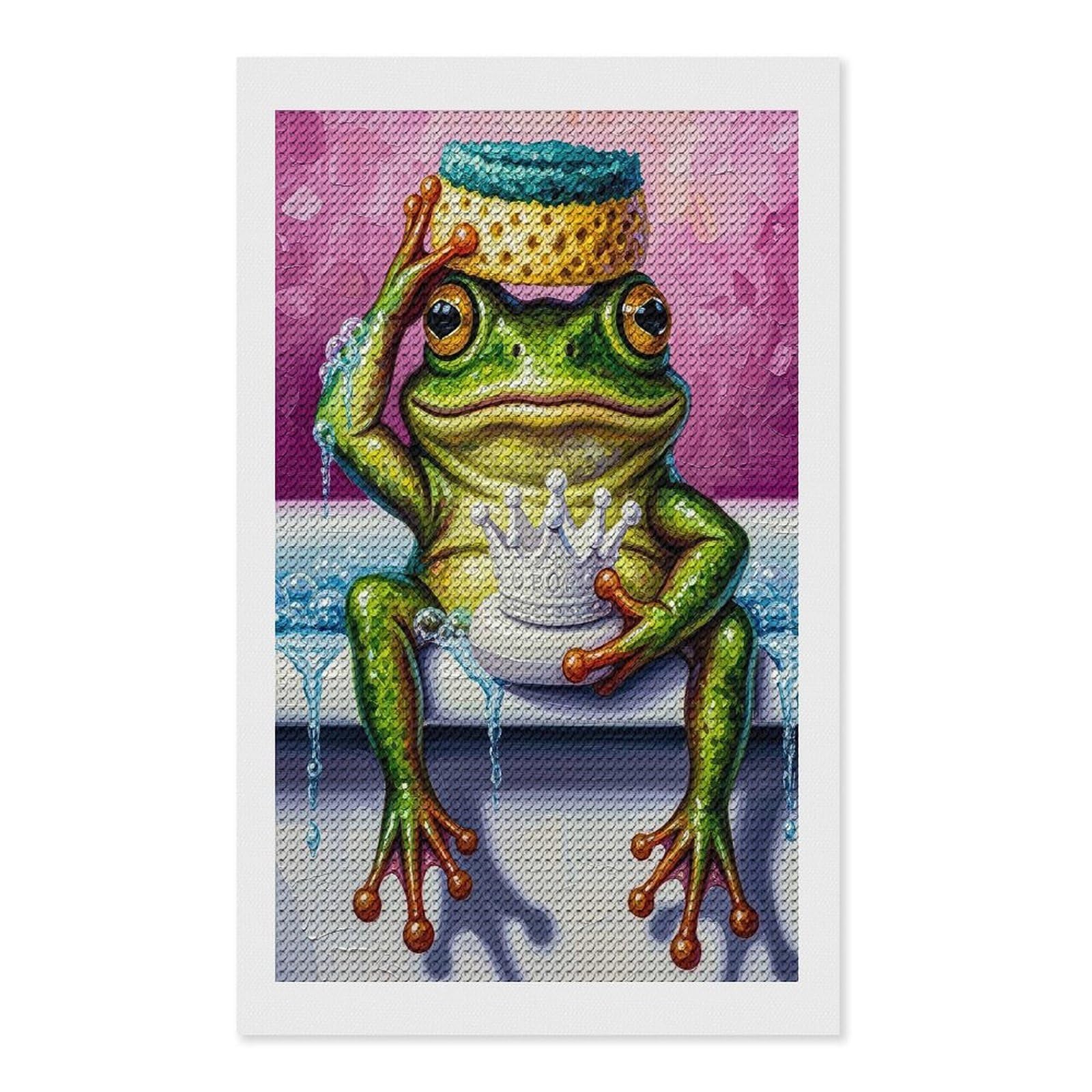 Junmoney Frog King in A Bathtub Diamond Art Canvas 12"x20", Full Kit Included, Bedroom Decor, for Beginners, Thoughtful Handmade Gift
