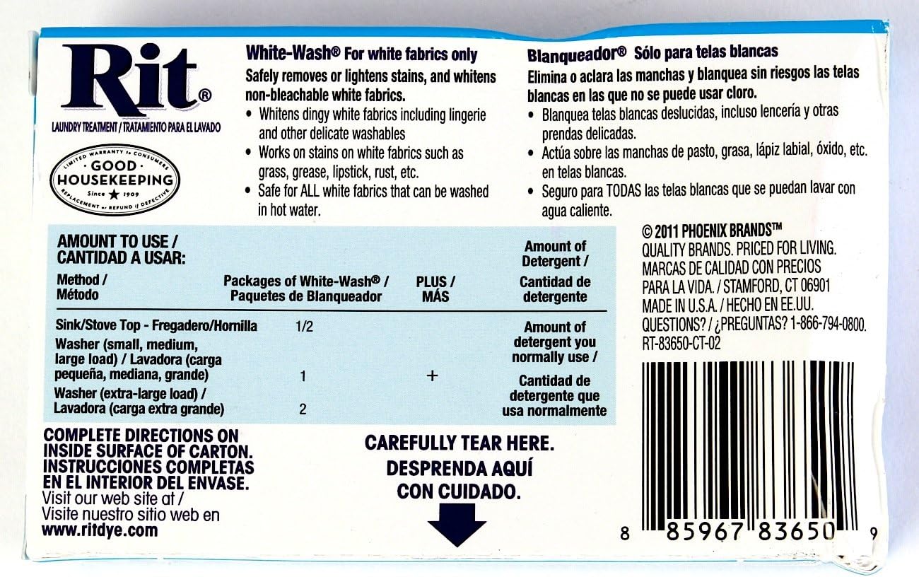 Rit Dye Laundry Treatment White-wash Stain Remover and Whitener Powder, 1-7/8 oz, White, 10-Pack