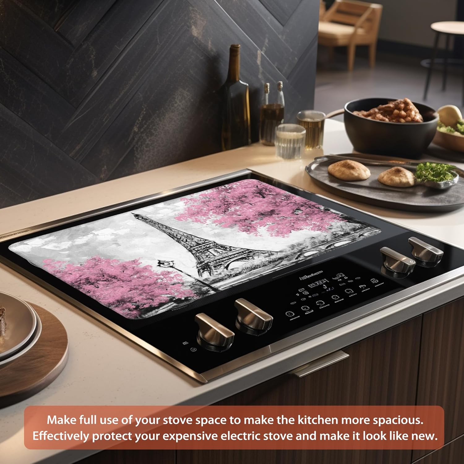 Stove Top Cover for Electric Stove,Eiffel Tower Heat Resistant Glass Cooktop Cover, Pink Cherry Blossom Multipurpose/Counter/Washer Top Protector,Dishwasher Safe Natural Rubber(28"x19.5")