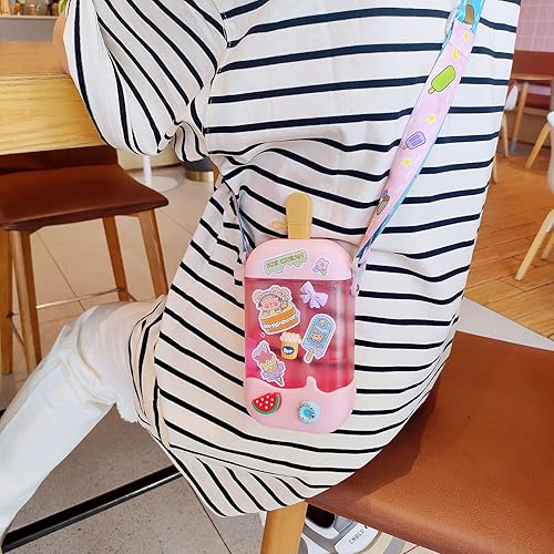 Miniatura 6 de Botella de agua Kawaii con pajilla, botella de agua de paleta Kawaii con correa ajustable para el hombro y calcomanías, taza de paleta para niñas y