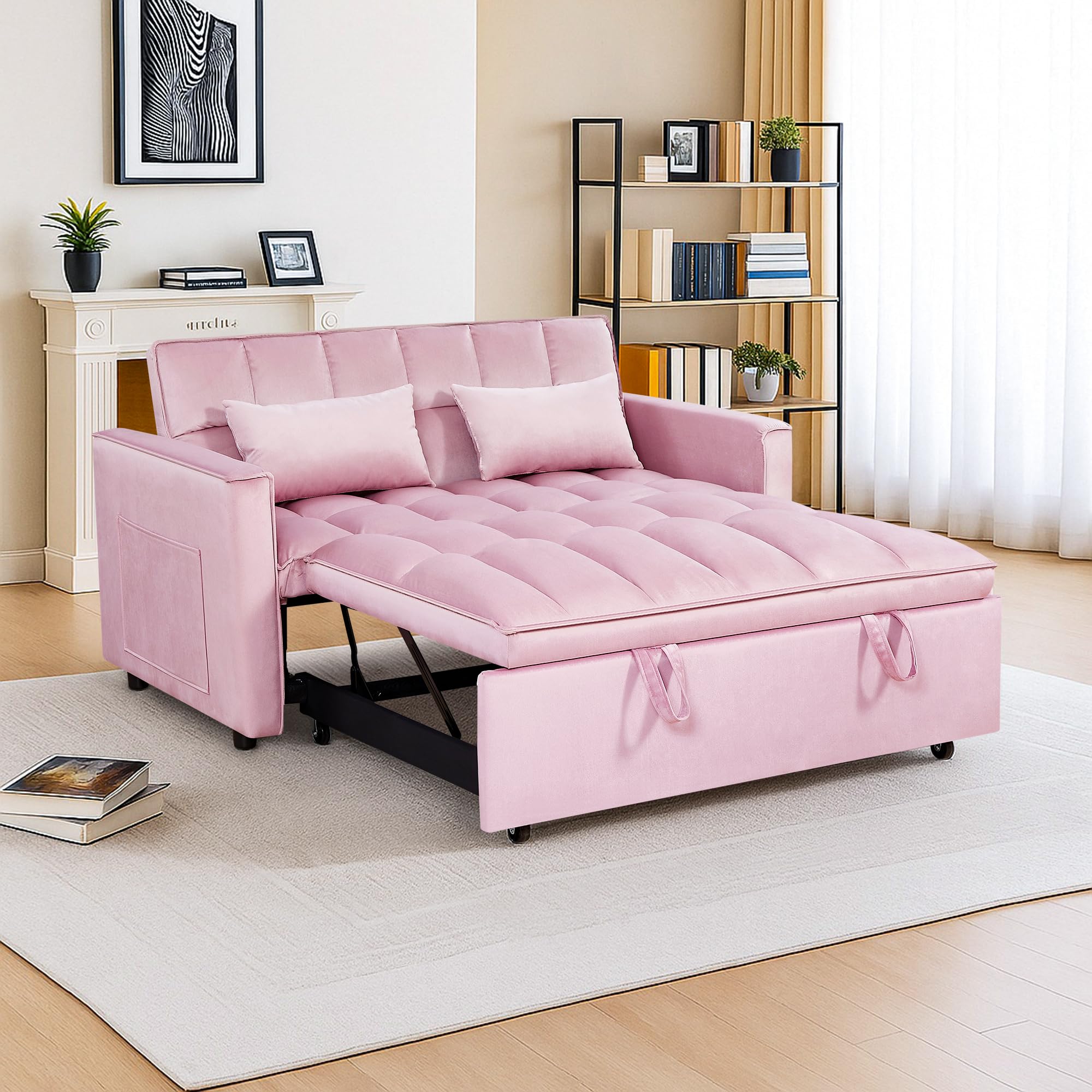Resenkos 54-inch Velvet Convertible Sleeper Sofa Bed in Pink