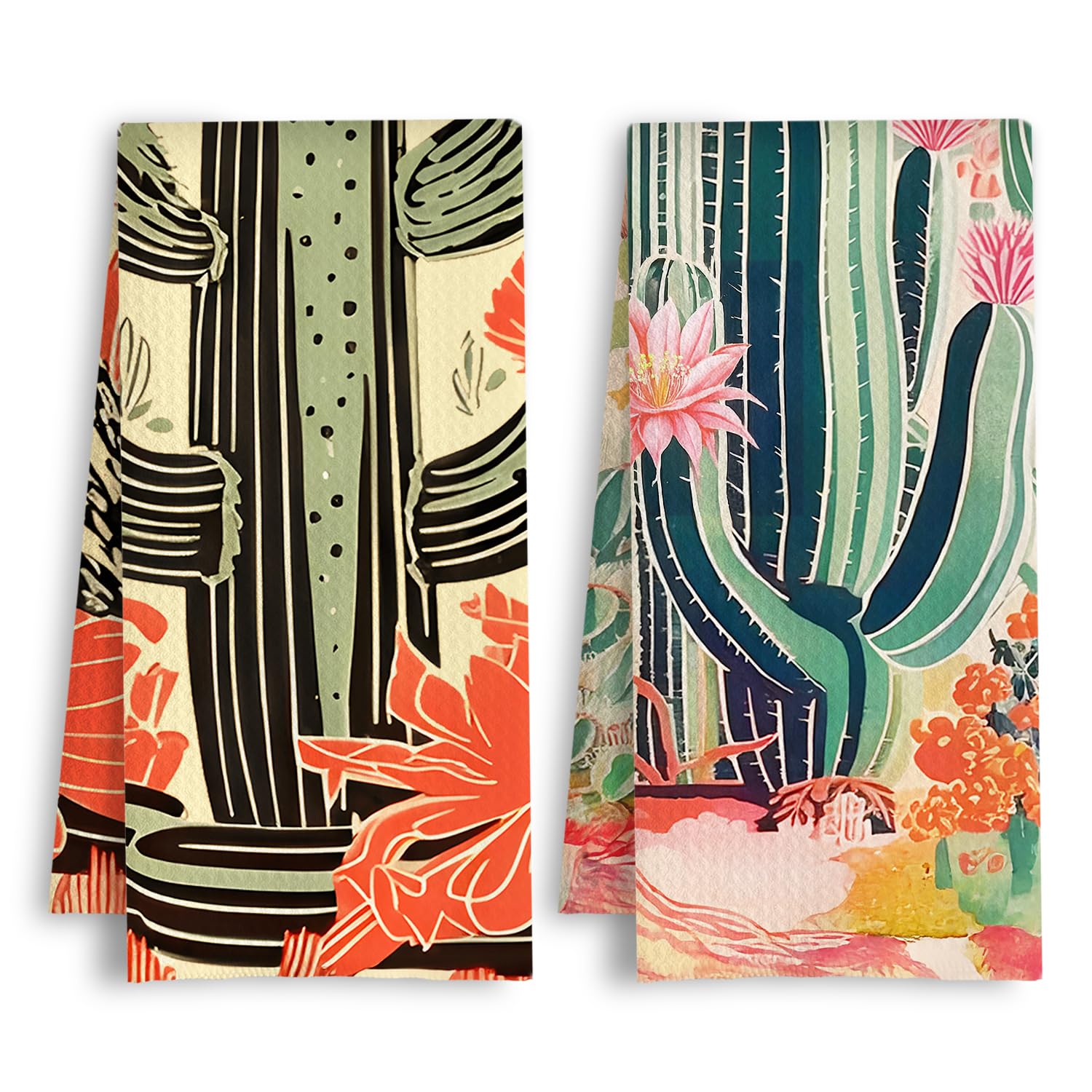 HSIASHENG ArtisaEura Boho Vintage Mexican Cactus Botanical Kitchen Towels, Colourful Southwestern Rustic Desert Succulent Dish Tea Hand Towels for Kitchen Bathroom Decor, 16x24 Inch Set of 2