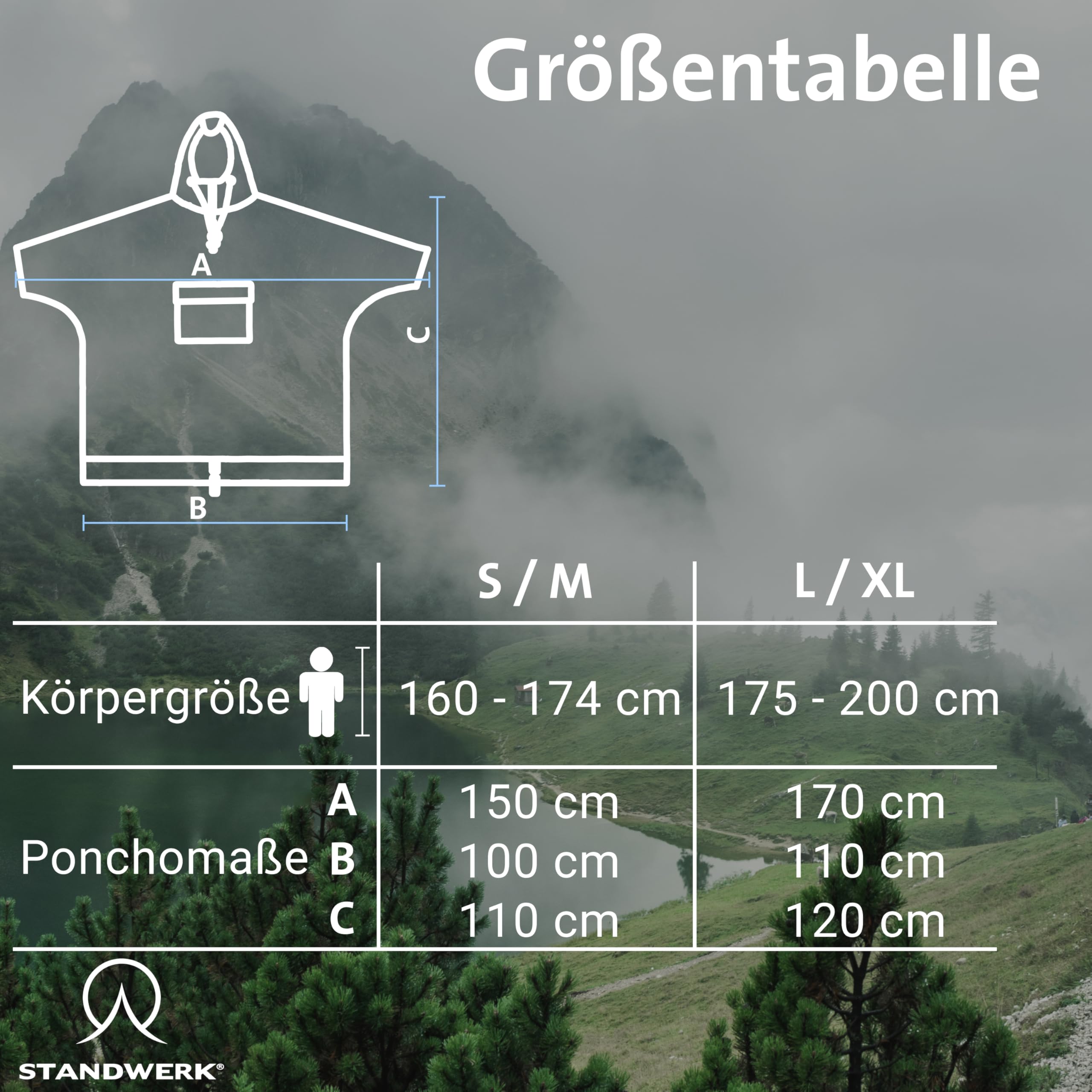 STANDWERK - Poncho impermeable para senderismo con bolsillo transparente en el pecho, capucha, ventana de visión, chubasquero adecuado para hombre, mujer, con mochila, impermeable, exterior, innovador