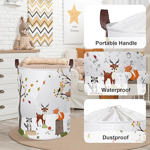 Miniatura 4 de Clastyle Cesta de lavandería de animales del bosque de 45 litros, plegable, impermeable, con asa, para habitación de los niños, ciervos de la selva