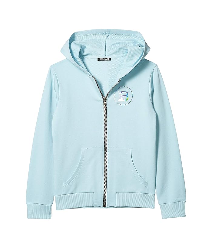 Balmain Kids  Zip-Up Hoodie with Logo On Front Back (Little Kids/Big Kids) (Light Blue) Kids Clothing