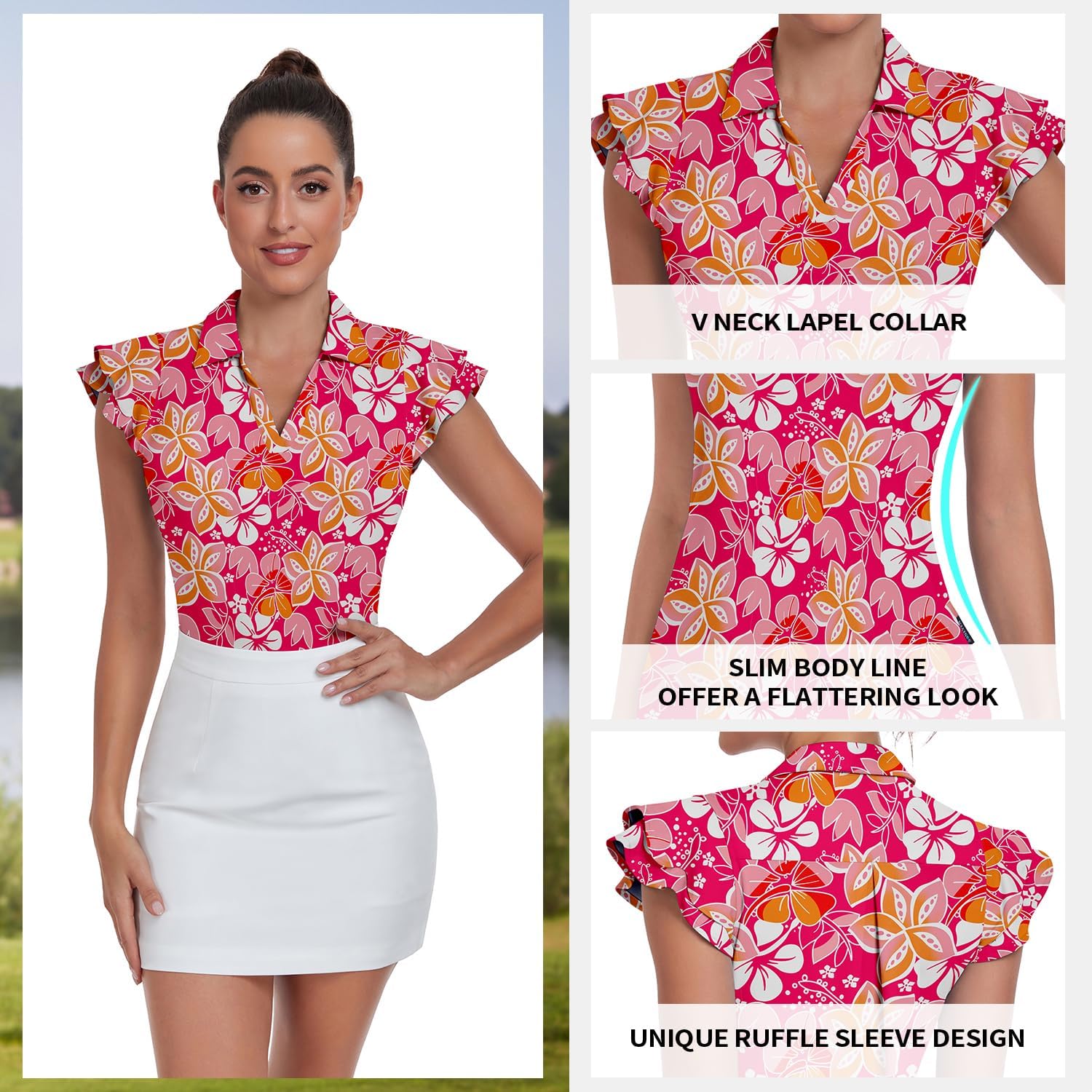 Soneven Womens Golf Shirts Ruffle Short Sleeve Polo Shirts Floral Moisture Wicking Tennis Shirts Golf Tops