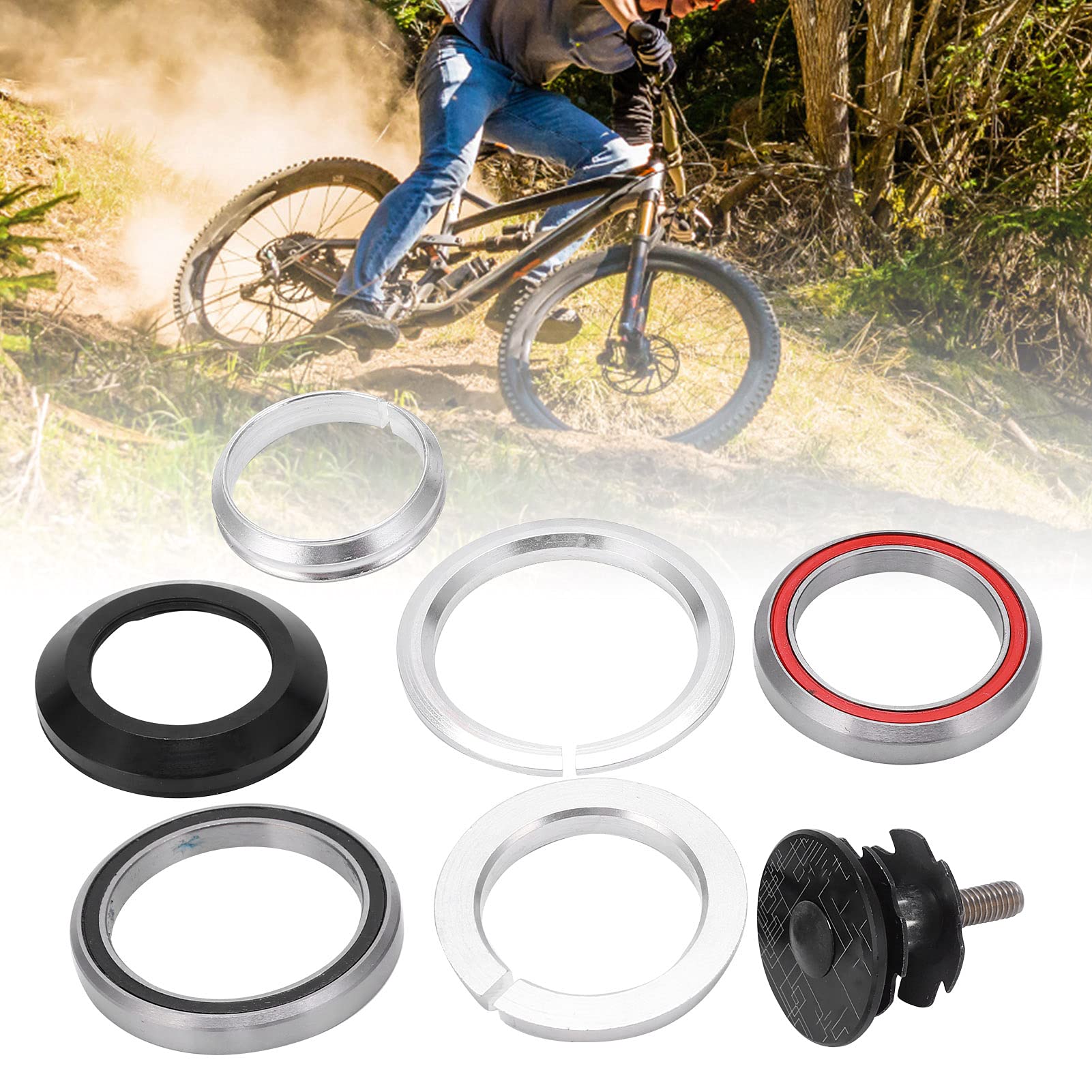 Serie Sterzo da Bicicletta, Bicicletta Headset in Lega di Alluminio Bici Anteriore Forcella Stelo Cuffie Ricambio Accessorio Bici per Maggior Parte della con Tubo Capa 44mm(Rosso