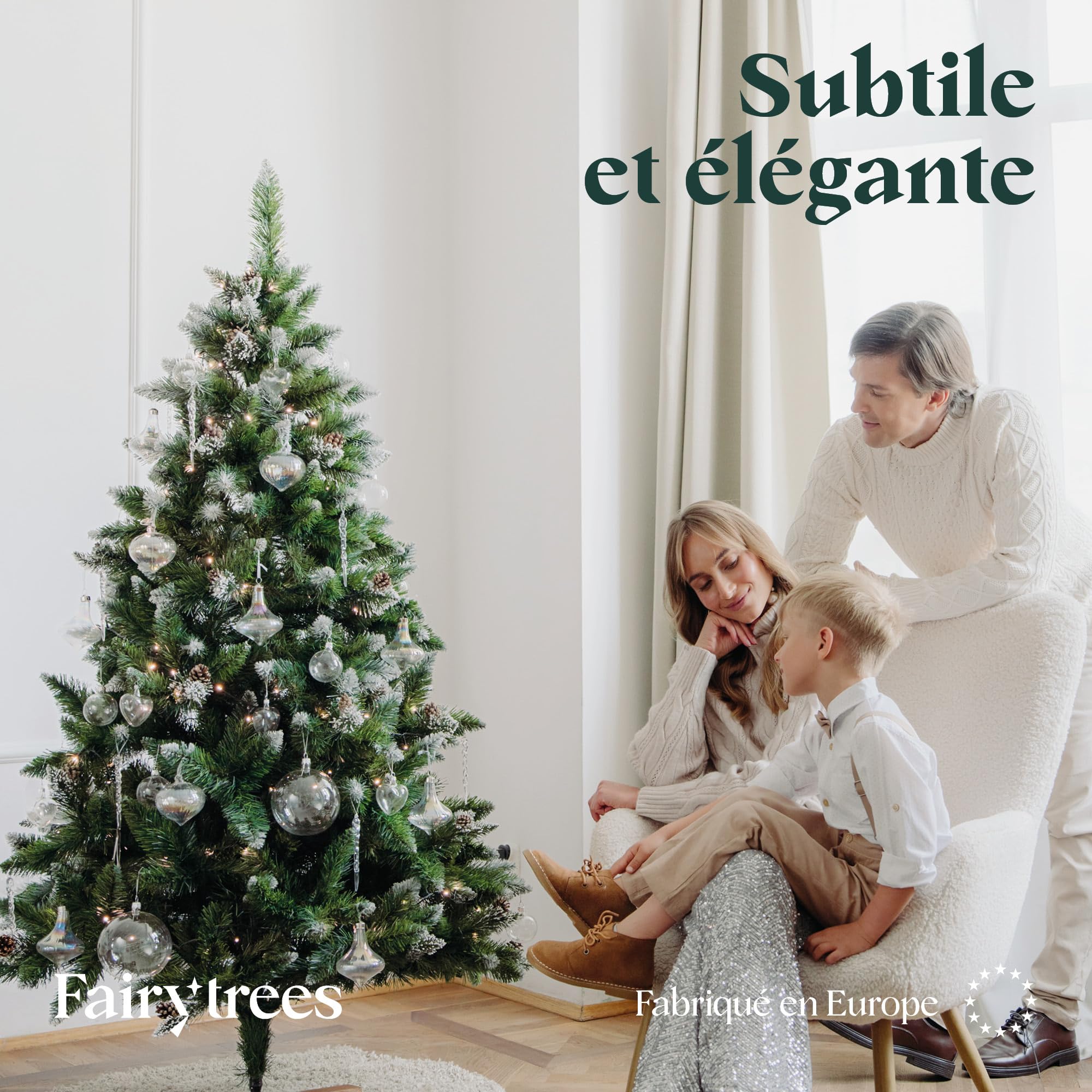 FairyTrees Sapin de Noël Artificiel 180cm | Arbre de Noël avec Support en Bois | PIN ENNEIGÉ Blanc Naturel | Made in EU