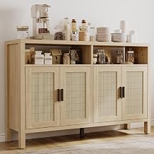 Rattan Buffet Cabinet with Storage, Sideboard with Doors, Console Table, Farmhouse Coffee Bar, Modern Wood Storage CabinetsOak 2.0