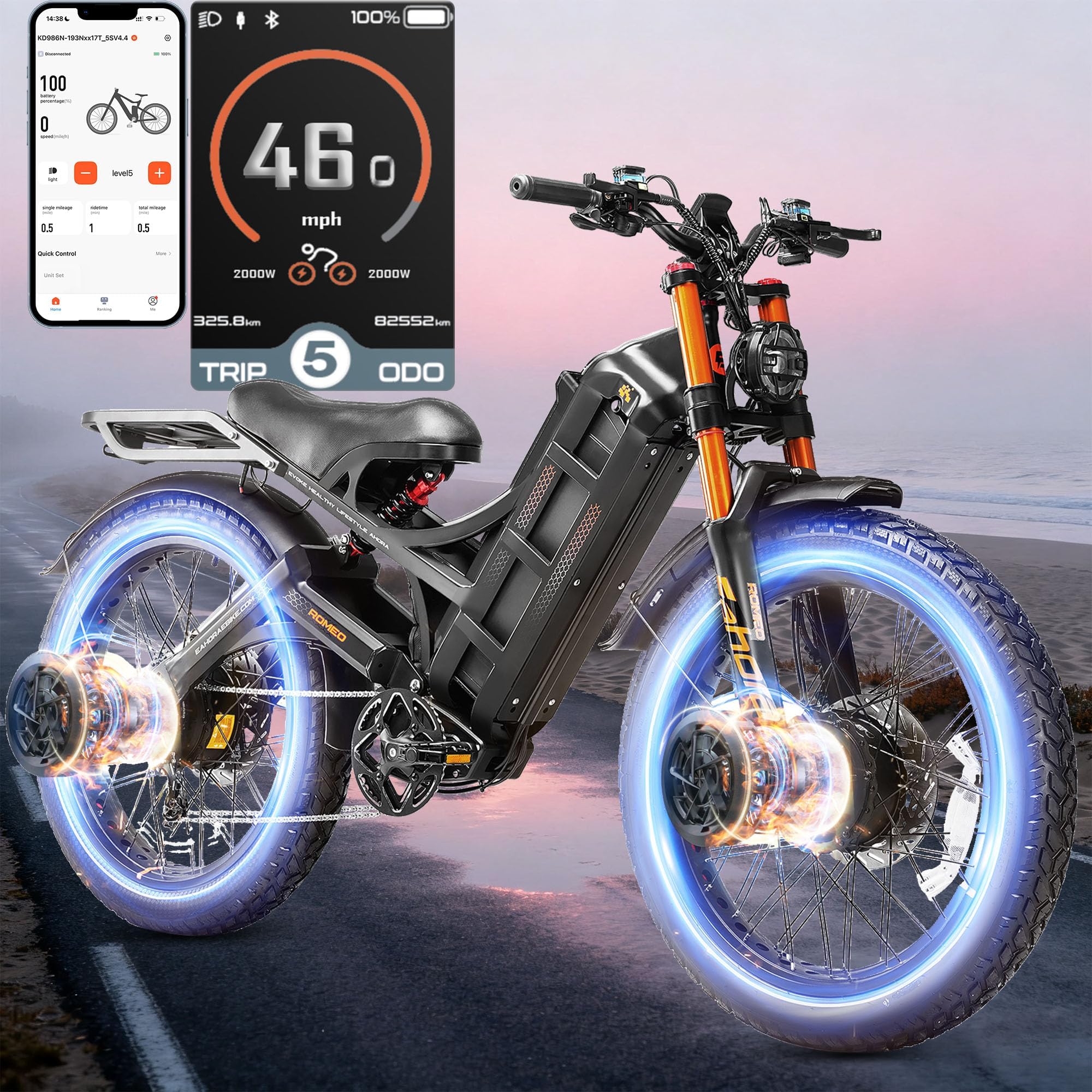 Eahora Romeo Pro 2/3 Ebike 1600W/4000W/5600W Electric Bike for Adults 34/46/50MPH 200 Miles Long Range Dual Motor 48/70/80AH Battey Electric Mountain Bike Dual Hydraulic Brakes Full Suspension EBike