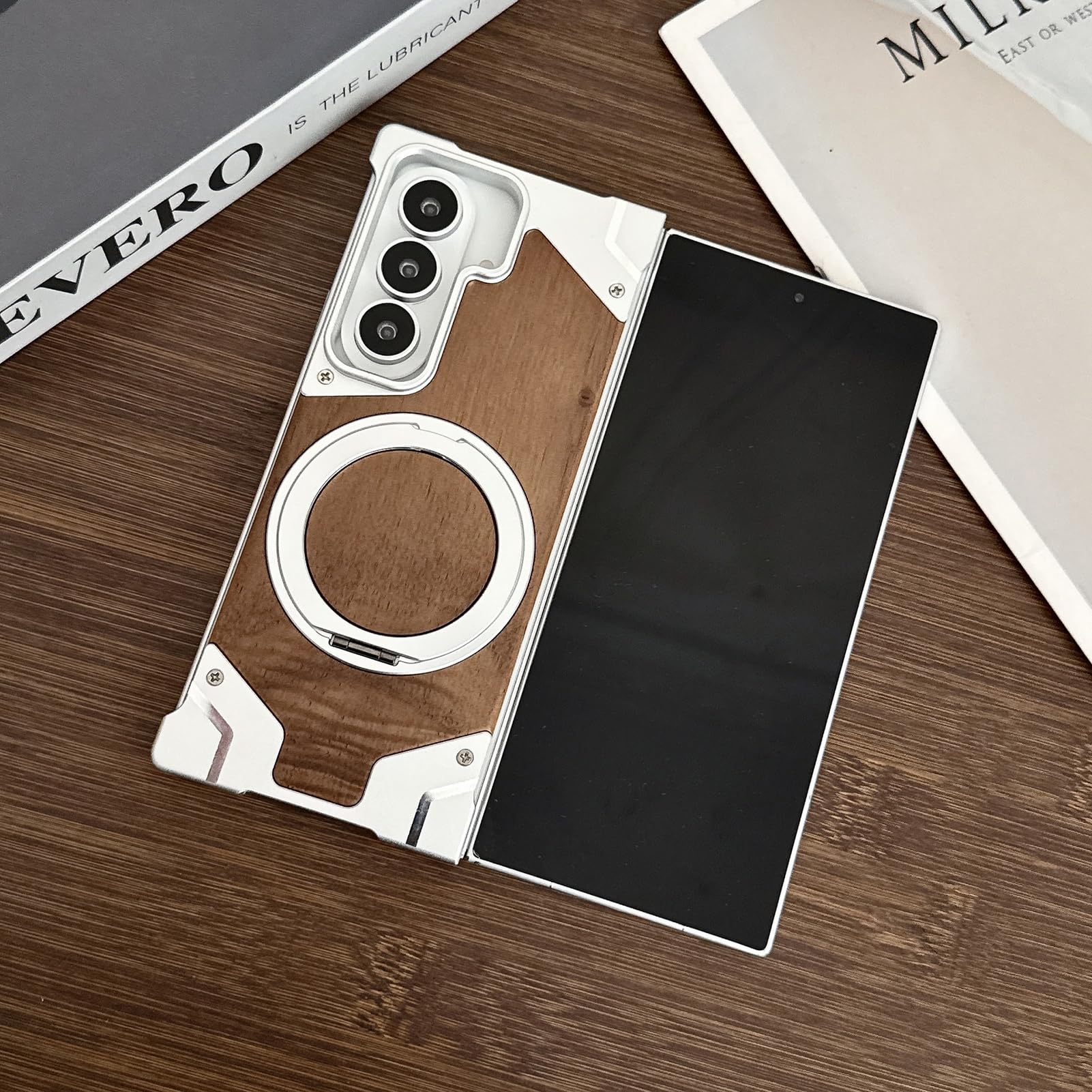 Magnetyczne etui do Samsung Galaxy Z Fold 8 Ultra, bez ramki drewniany tył
