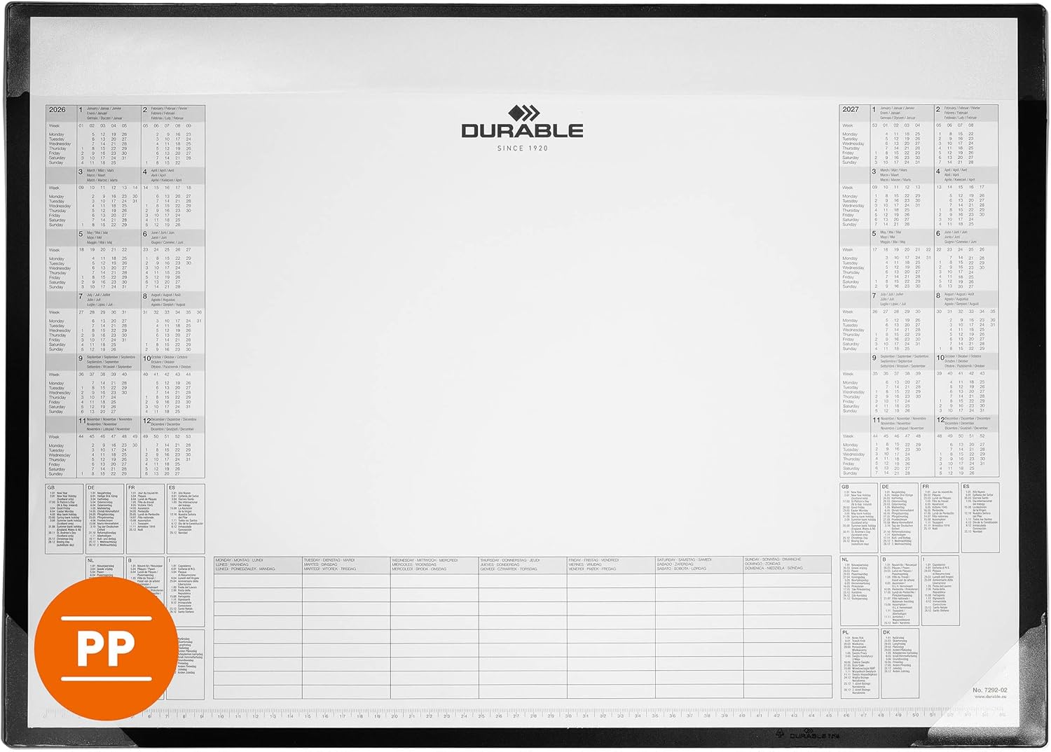 Durable Calendar Desk Pad 600 x 430 mm Polypropylene with Calendar Pad of 25 Sheets Black 729801