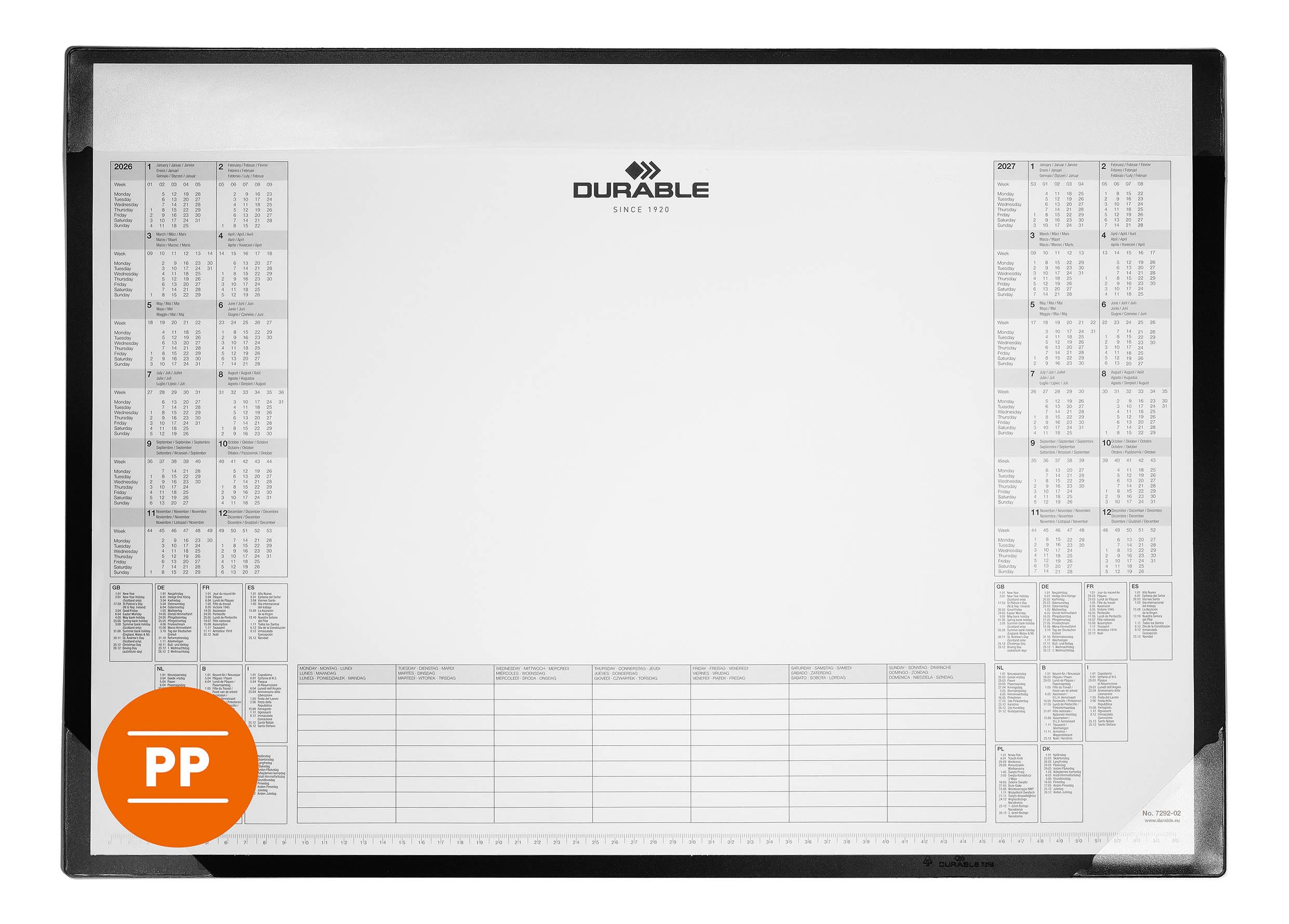 Durable 729801 podkładka na biurko, 600 x 430 mm, PP, z blokiem kalendarza, 25 arkuszy, kolor czarny