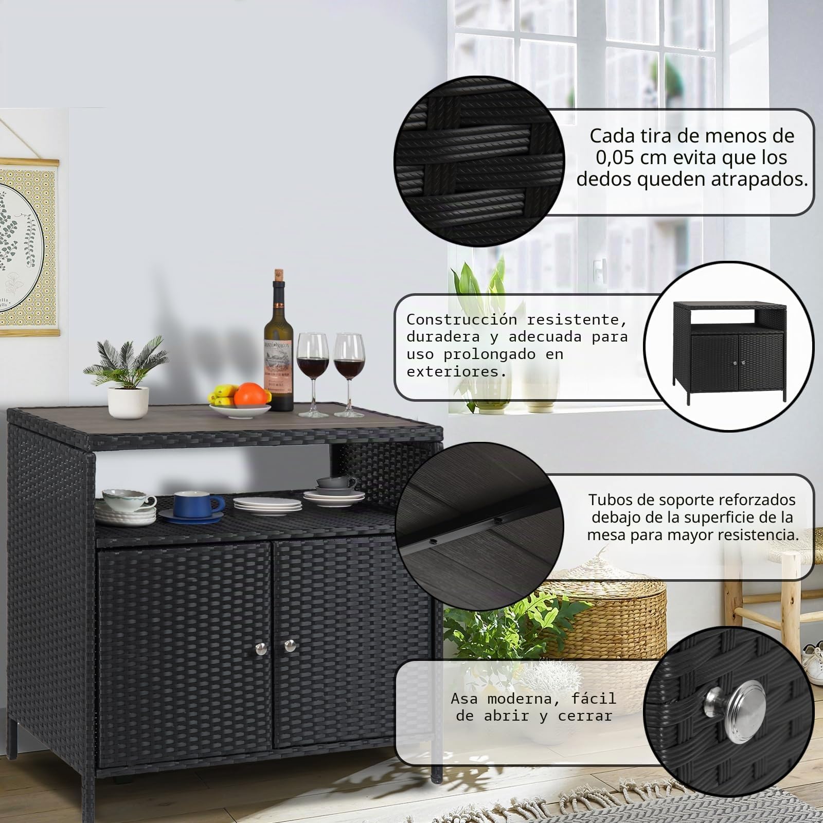 Armario De Almacenamiento Exterior De Ratán Con 2 Puertas y Estante Abierto, Mueble De Exterior Con Encimera De Madera, Aparador De Mimbre Resistente a La Intemperie Para Patio y Jardín 90x53x85cm