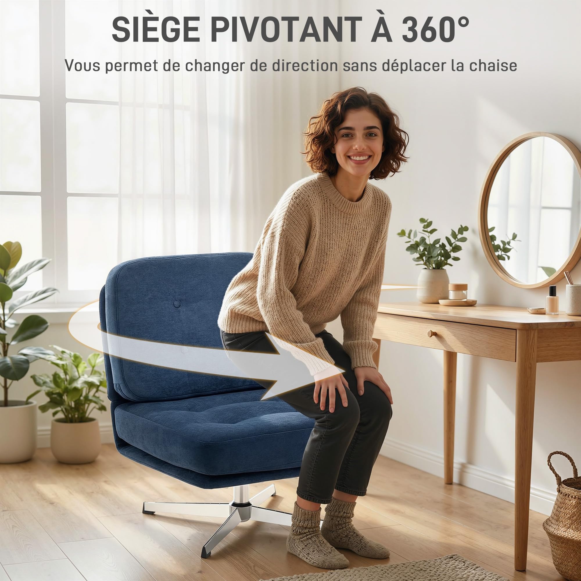 HOMCOM Fauteuil Salon sans accoudoirs, Chaise pivotante en Tissu Chenille, Assise rembourrée et Large, Pieds croisés en métal sans roulettes, Fauteuil Relax pour Chambre et Salon, Bleu foncé