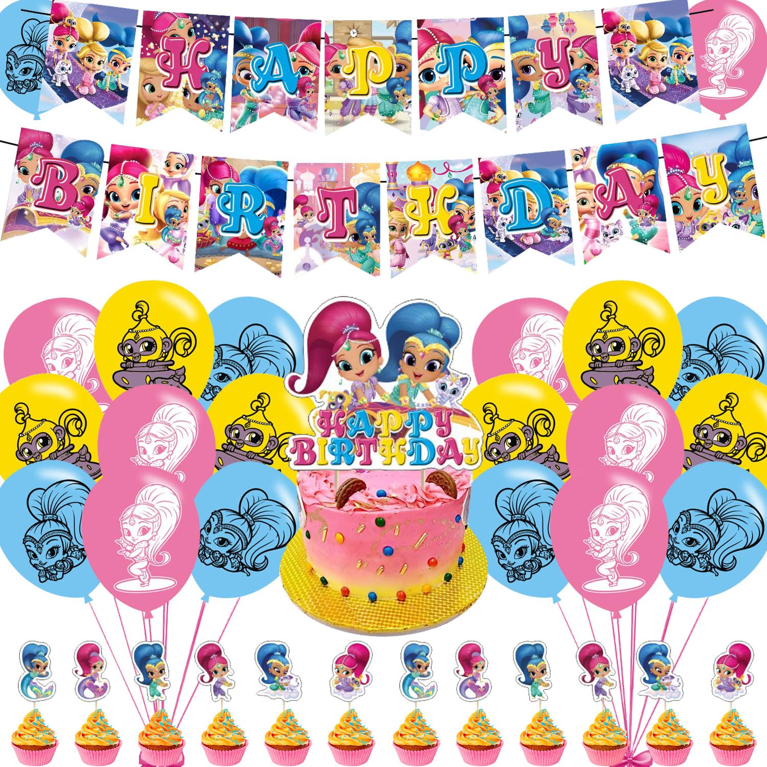 ELZEM Shimmer and Shine Party Decorations,Girl Birthday Party Supplies Includes Banner- Cake Topper - 12 Cupcake Toppers - 18 Balloons, Blue
