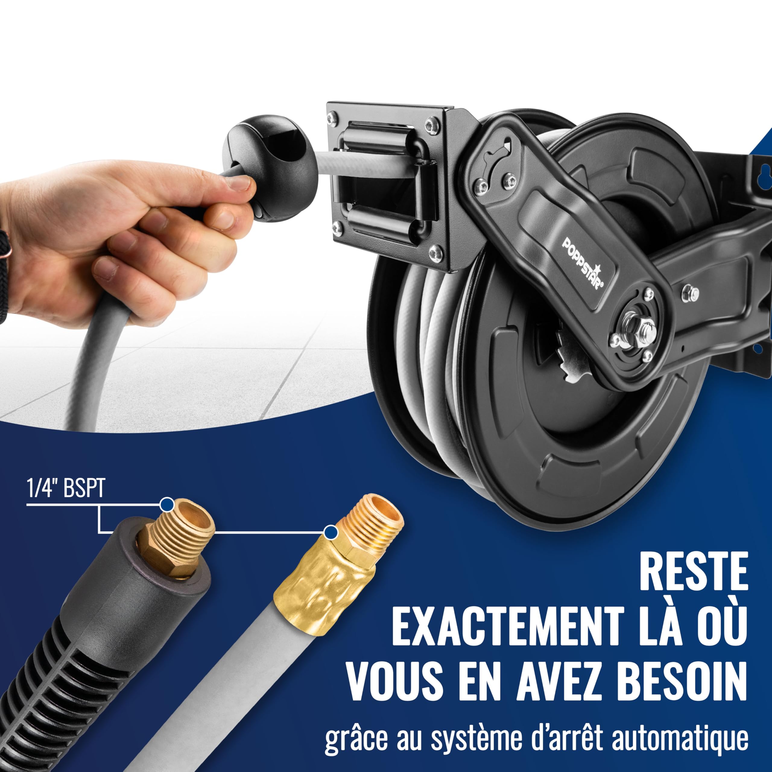 Poppstar Enrouleur de tuyau d'air comprimé en acier (20m+2m, diamètre (9,2x15mm)), raccords 1/4 pouce BSPT