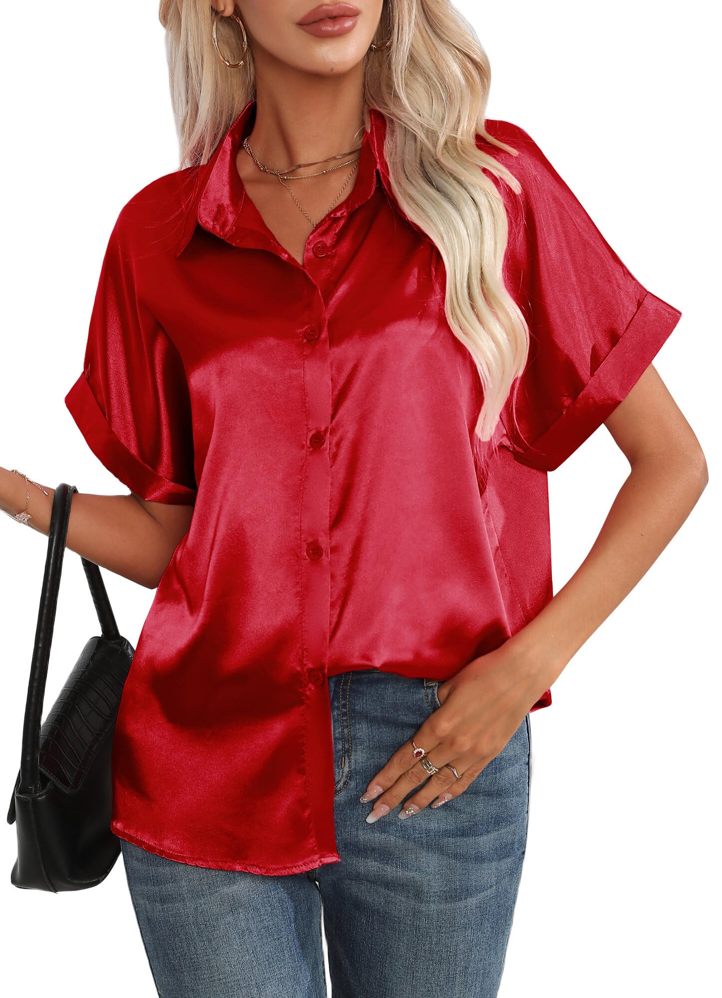 FEOYA Camisa Corta de Seda para Mujer Blusa de Satén de Seda con Cuello en V Camisas de Negocios de Verano