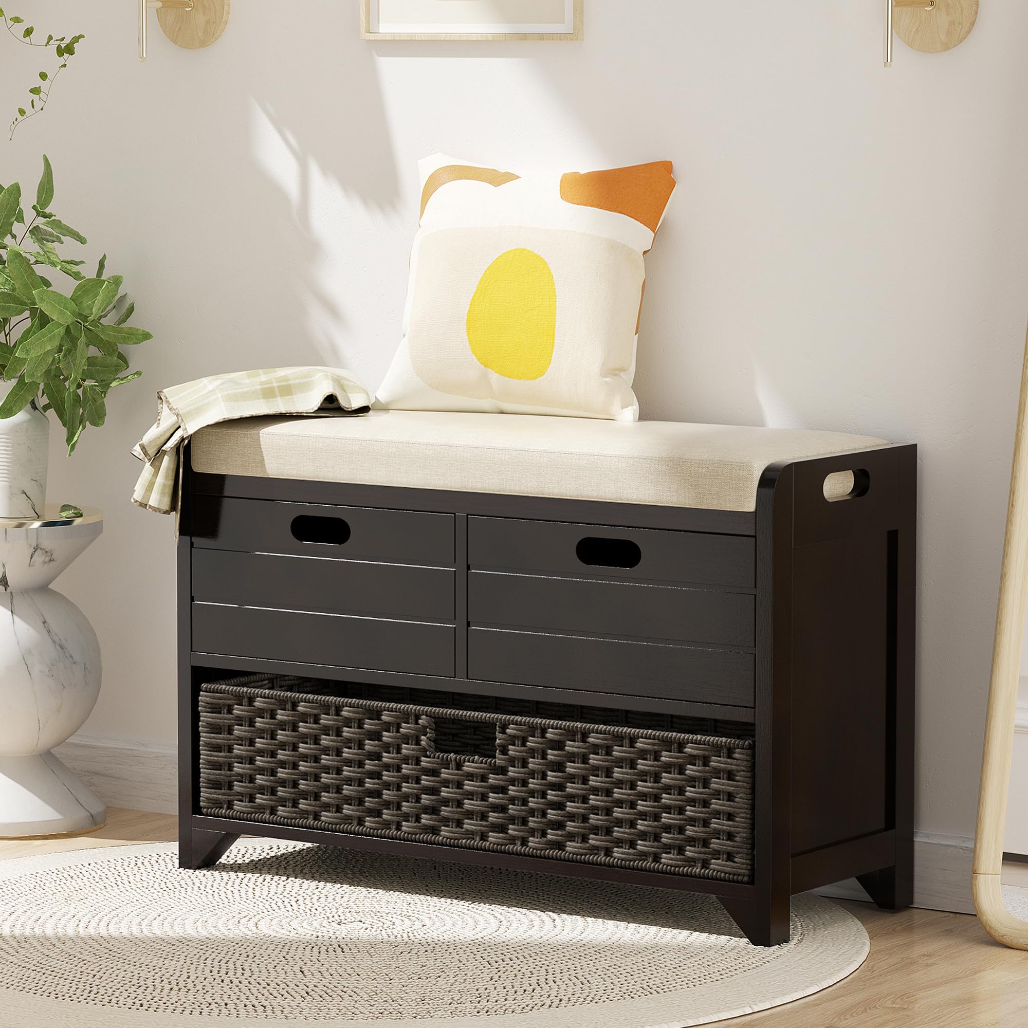 Photo 1 of ROOMTEC 32" Storage Bench for Entryway, Shoe Bench with Storage Removable Basket and 2 Drawers, Entryway Bench with Shoe Storage, Entryway Storage for Hallway, Mudroom and Living Room, Espresso 32 Espresso