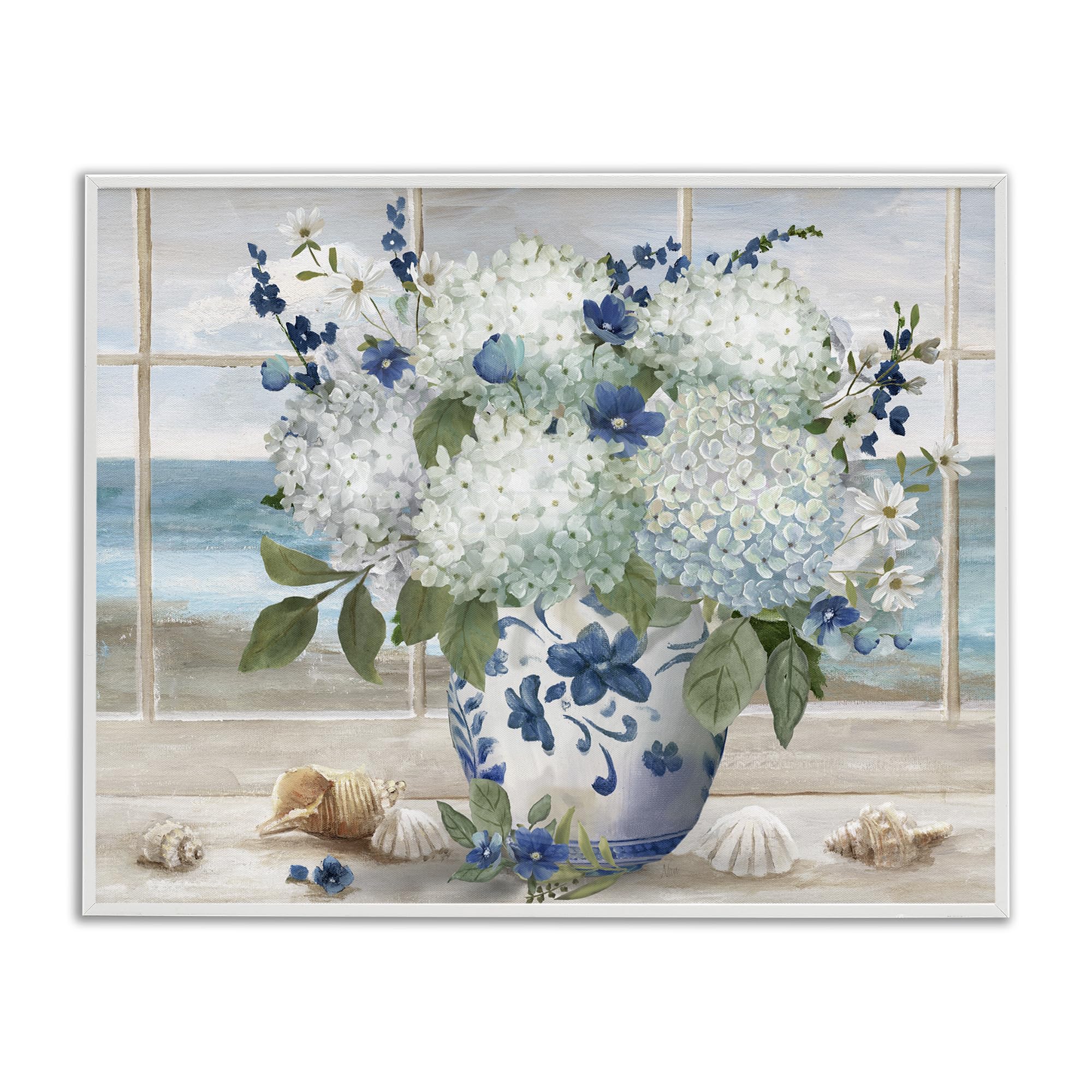 'Seaside Hydrangea Bouquet in Window'| Framed Giclee Art