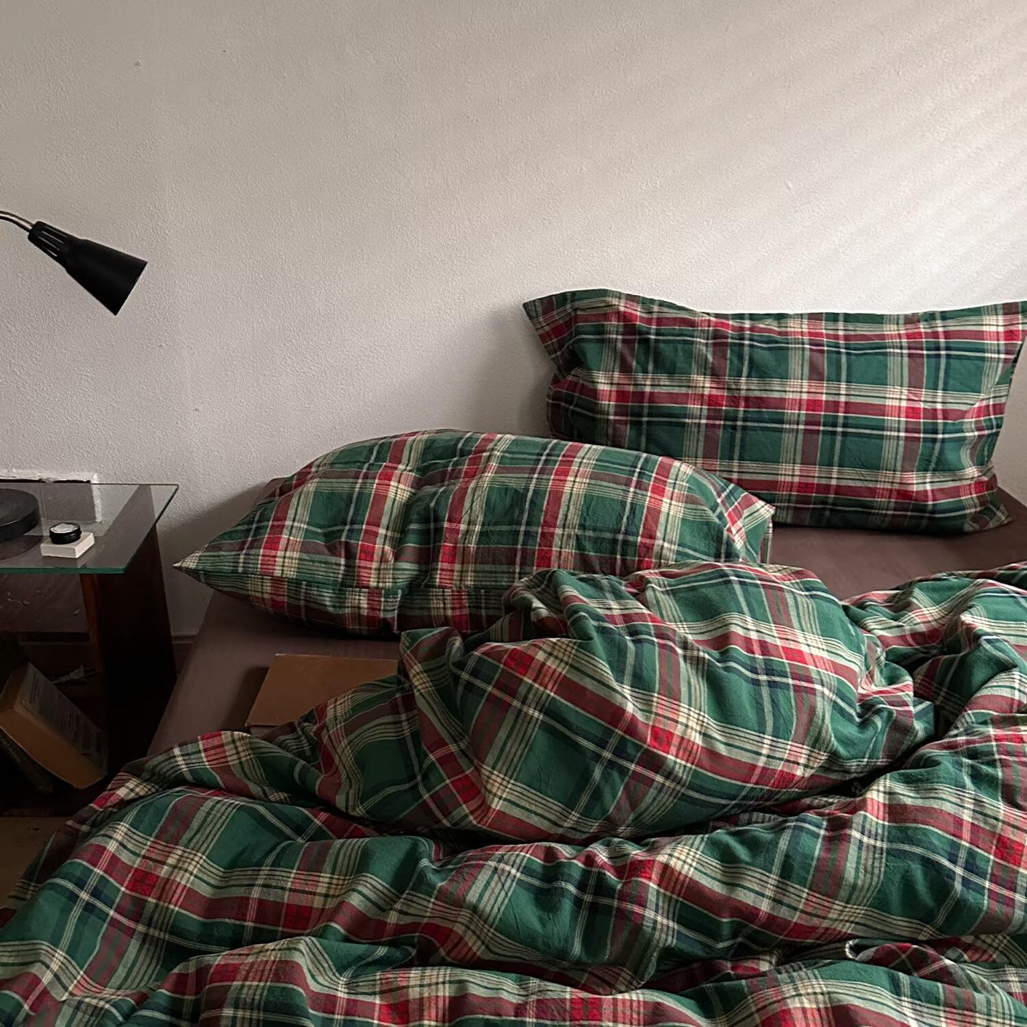 MKXI Vintage Buffalo Plaid Duvet Cover Set 3-Piece | 100% Washed Cotton Reversible Bedding Green/Red Checkered Twin XL Size with Zipper & Corner Ties Farmhouse & Shabby Chic Design