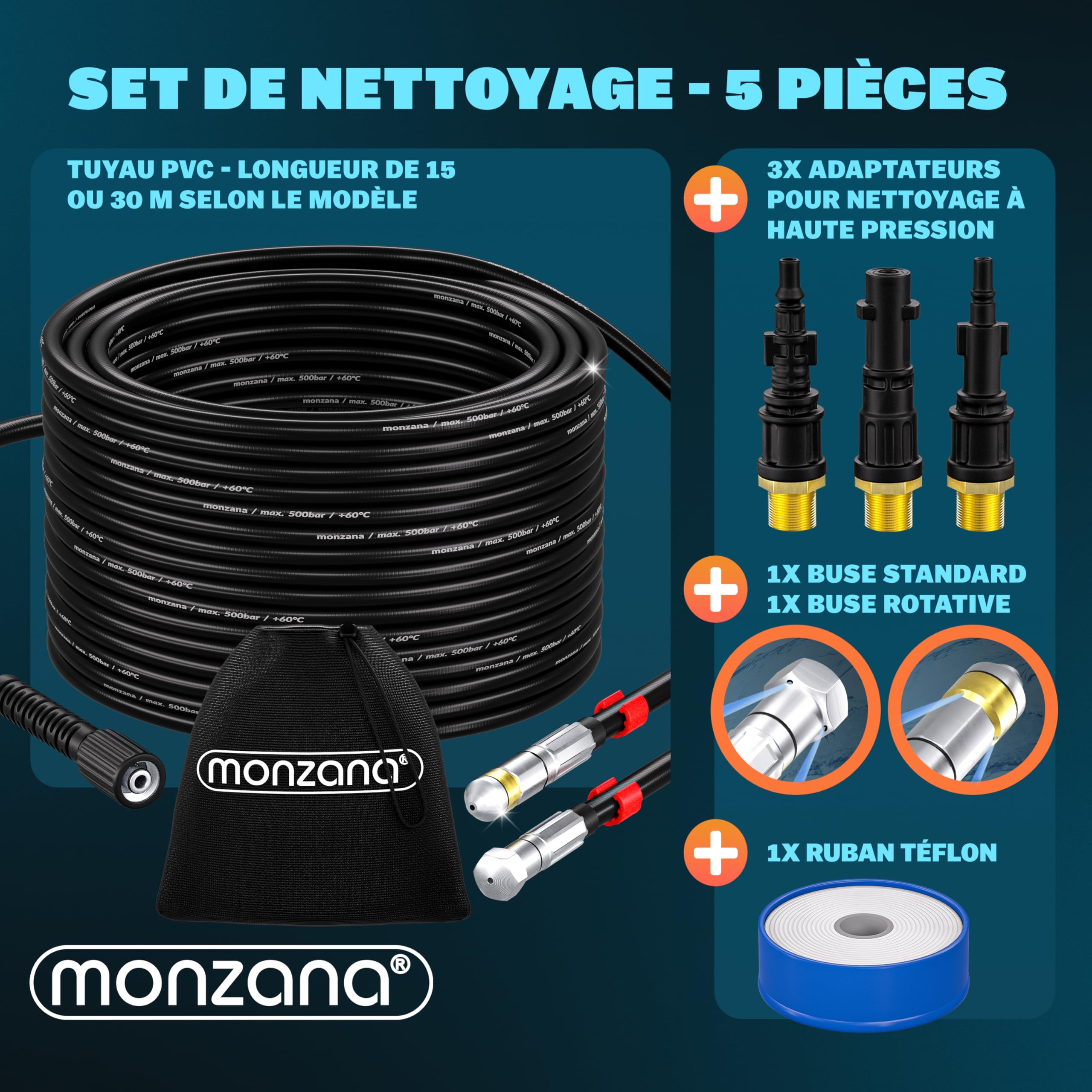 MONZANA® Tuyau déboucheur canalisation Premium 30m 200 bar 3 embouts 2 buses K2 K3 K4 K5 K6 K7 nettoyeur haute pression universel tuyau nettoyage furet