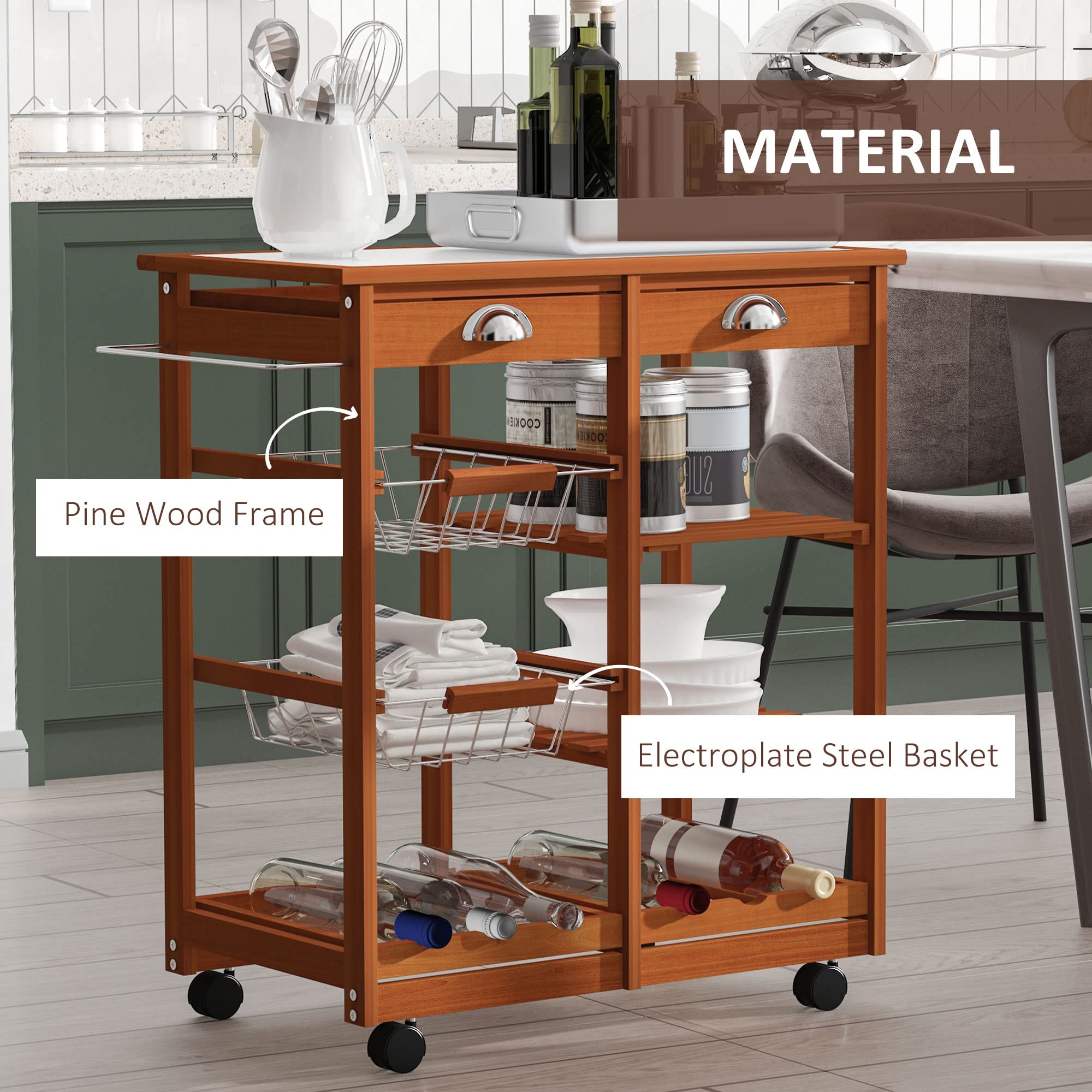 Buy Wooden Rolling Kitchen Cart Tile Counter Top Utility Trolley
