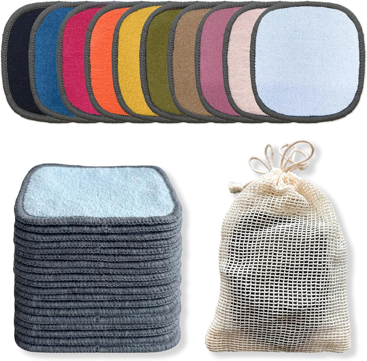 Reusable Makeup Remover Pads 20 Pack Reusable Cotton Rounds | Washable Bamboo Charcoal Cotton Rounds, Double-Layered Reusable Cotton Pads for All Skin Types with Mesh Bag for Storage